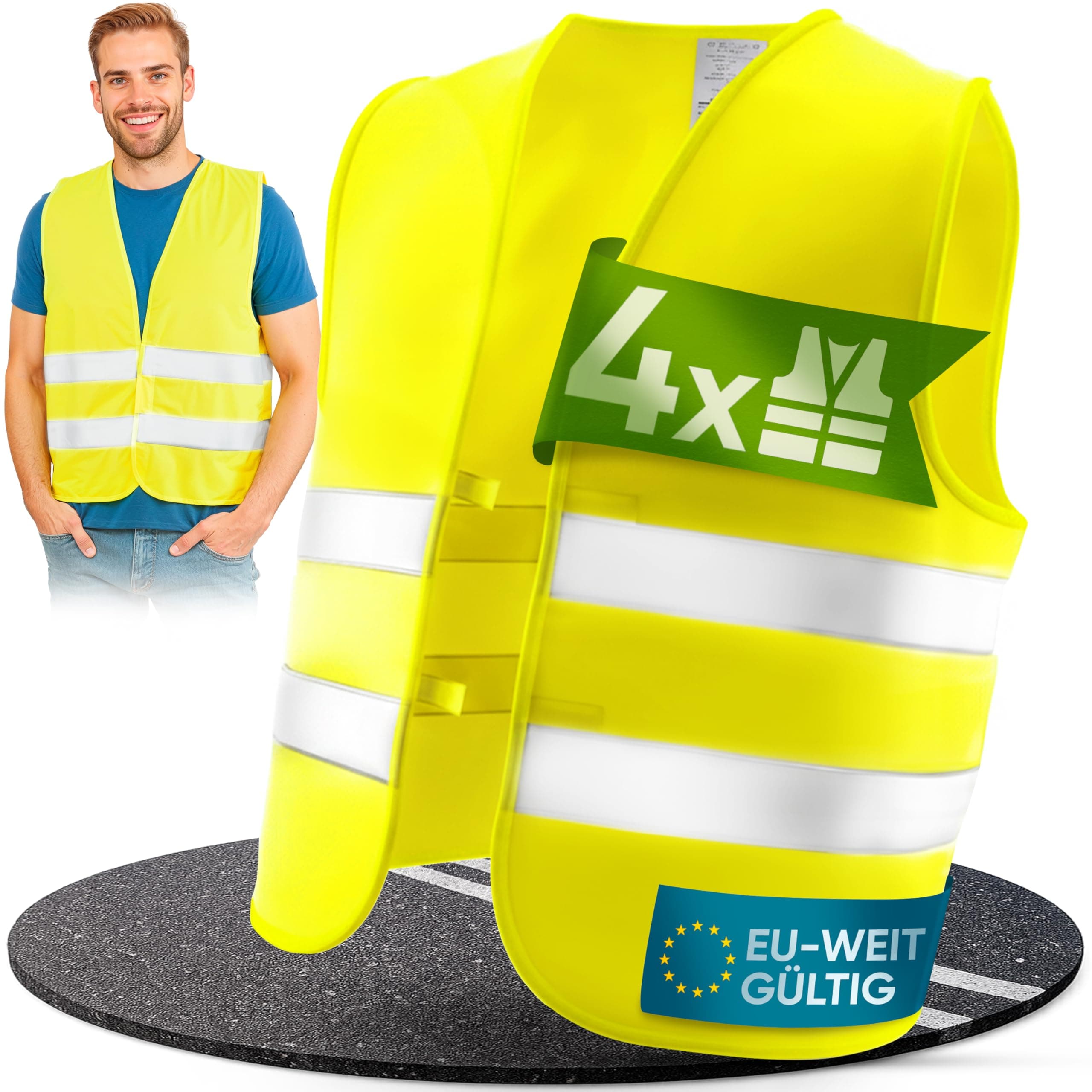 PURAHELP Warnwesten Auto 4er Set [EN ISO 20471] für Erwachsene - EU-weit gültig - Bis zu 150m sichtbar - Sicherheitsweste Auto Warnweste Gelb - Warnschutzweste