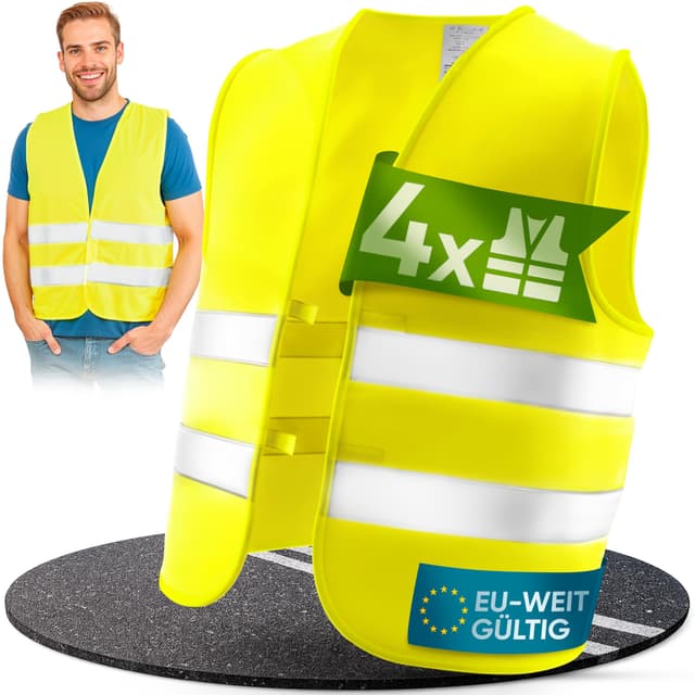 PURAHELP Warnwesten Auto 4er Set [EN ISO 20471] für Erwachsene - EU-weit gültig - Bis zu 150m sichtbar - Sicherheitsweste Auto Warnweste Gelb - Warnschutzweste