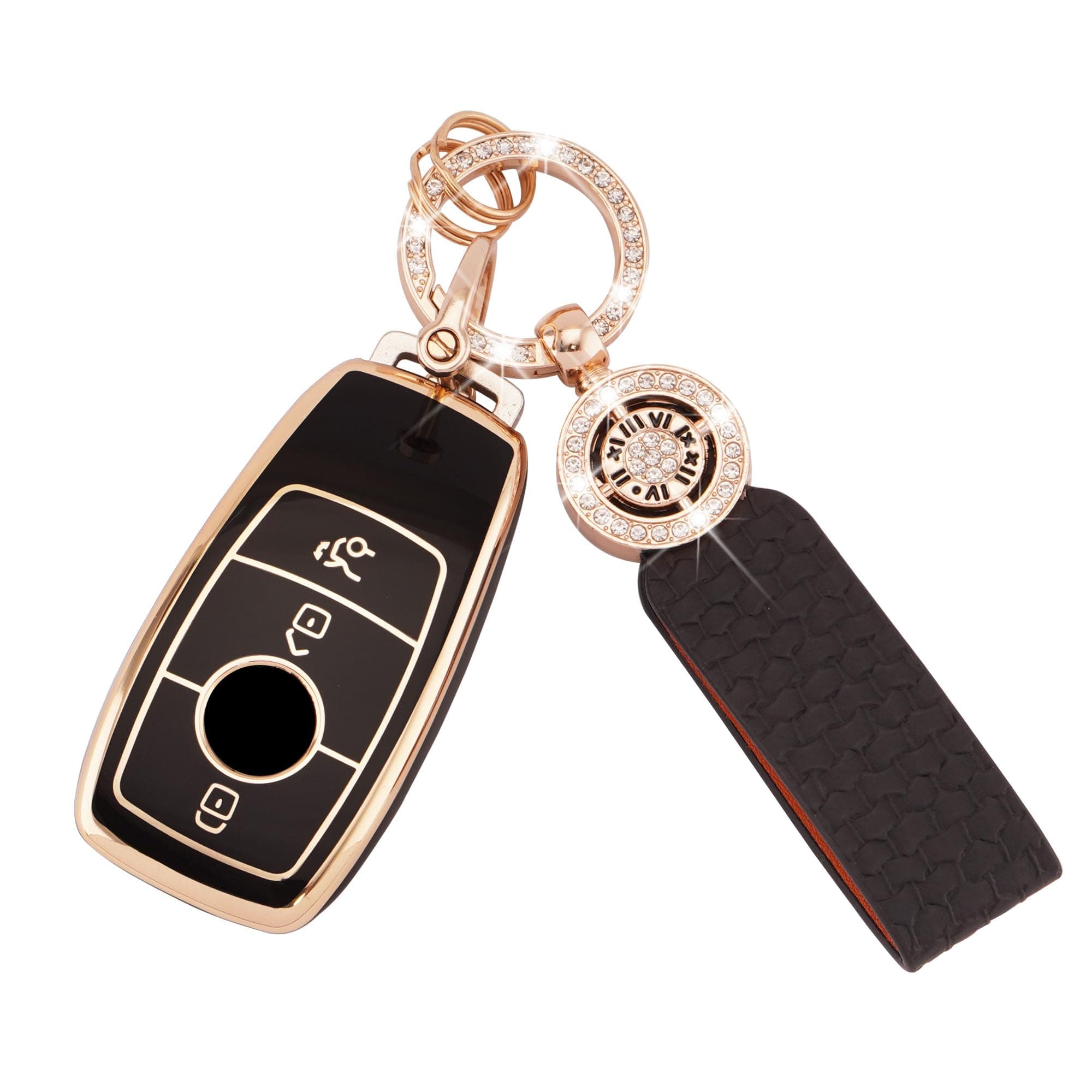 Koaudb Autoschlüssel Hülle Passt für Mercedes Benz A B C E G S SL CLS-Klasse AMG 3 Tasten Auto Schlüssel Cover TPU Schlüsselhülle mit Lederanhänger Schlüsselanhänger (C-BP-Bz-3L) for Benz(3L) Schwarz