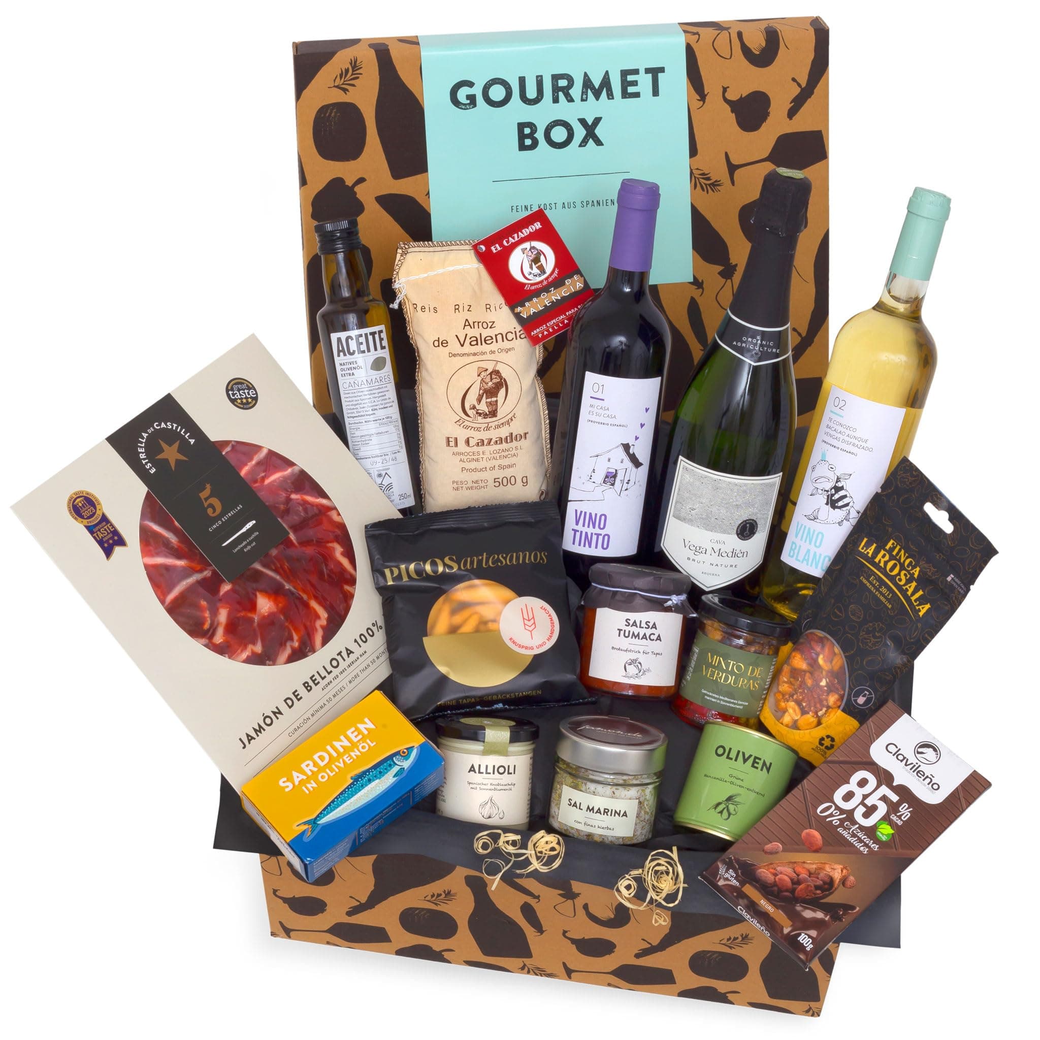 jamon.de Feinkost-Präsentkorb Gourmet mit Wein, Cava & spanischen Delikatessen - Geschenkkorb für Feinschmecker & Freunde der mediterranen Küche Angebot bei HelloDeals