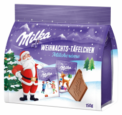 Milka Weihnachts-Täfelchen Milchcrème – Zarte Alpenmilch-Schokolade mit cremiger Füllung – 150g