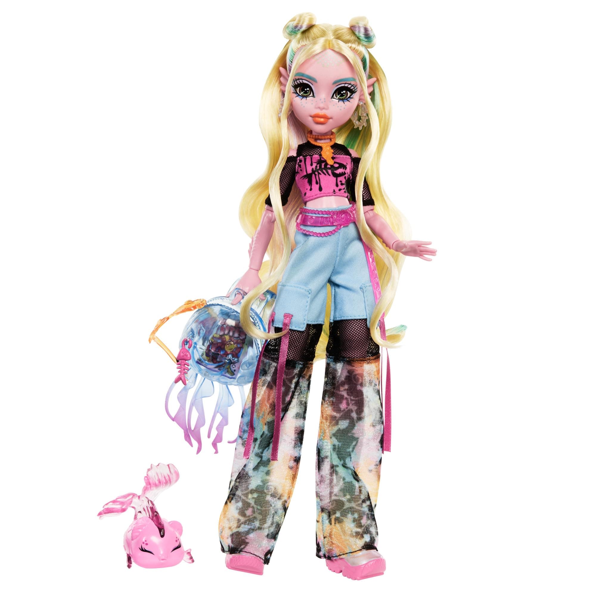 Monster High Lagoona Blue Puppe in Mesh-T-Shirt und Cargohose mit Haustierfisch Neptuna und Accessoires wie Rucksack, Snack und Notizbuch, HXH75 Lagoona Blue mit Neptuna Angebot bei HelloDeals