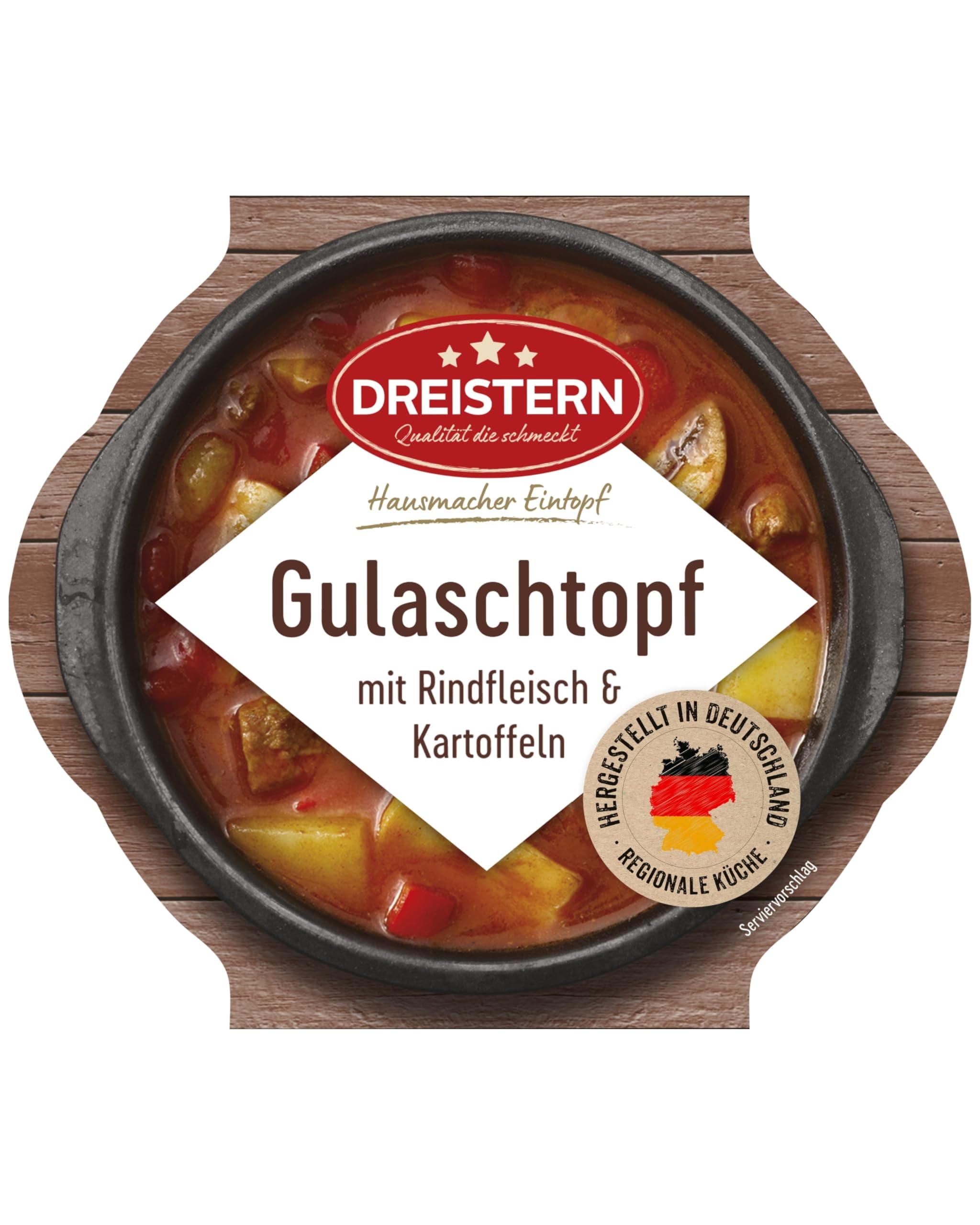 DREISTERN Gulaschtopf 400g I Mit Rindfleisch & Gemüse I Herzhaftes Fertiggericht in Mikrowellenschale I Lange Haltbarkeit dank natürlicher Konservierung I Hausmacher Qualität 400 g (1er Pack) Angebot bei HelloDeals