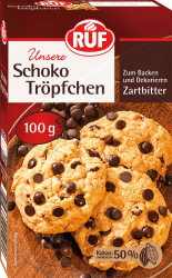 RUF Schoko-Tröpfchen Zartbitter, backfeste Schokoladen-Tropfen zum Backen & Dekorieren von Kuchen & Co., Topping für Porridge, glutenfrei & vegan 1er Pack Angebot bei HelloDeals