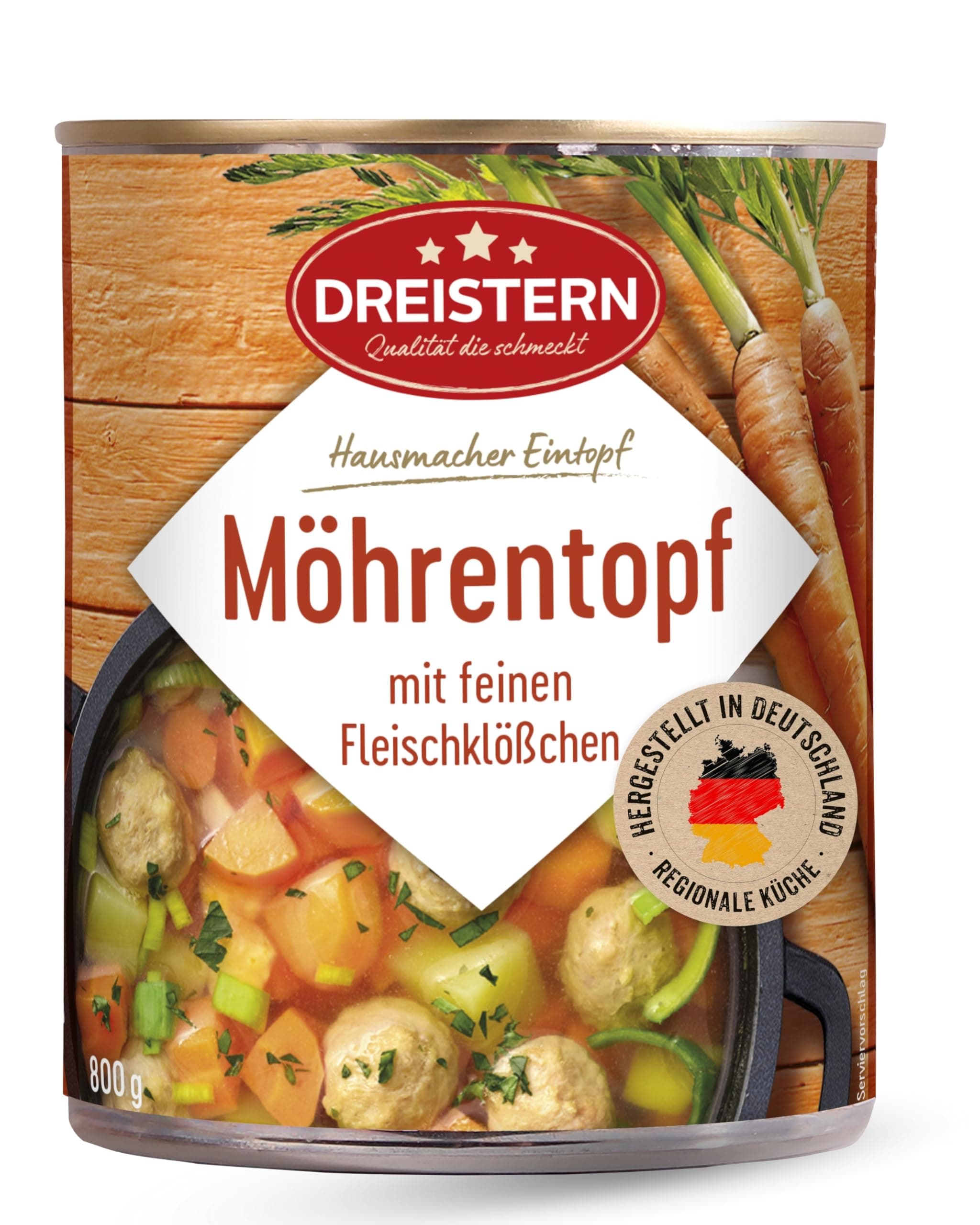 DREISTERN Möhreneintopf 800g I Mit Fleischbällchen & Gemüse I Herzhafter Eintopf in recyclebarer Konservendose I Lange Haltbarkeit dank natürlicher Konservierung I Hausmacher Qualität Angebot bei HelloDeals