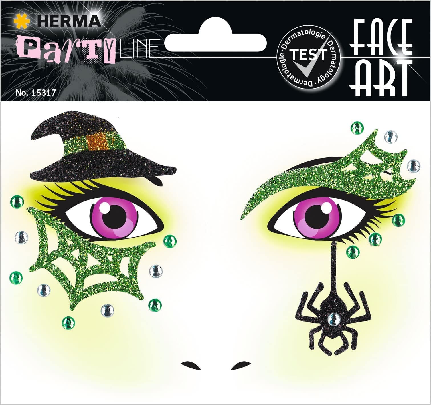 HERMA 15317 Face Art Sticker Hexe, dermatologisch getestet, ablösbare Glitzer Gesicht Aufkleber, temporäre Tattoos für Karneval Fasching Halloween Festival Kinder Geburtstag, grün