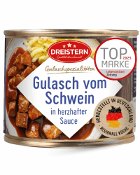 DREISTERN Schweinegulasch 500g I Mit pikanter Sauce I Herzhaftes Fertiggericht in recyclebarer Konservendose I Lange Haltbarkeit dank natürlicher Konservierung I Hausmacher Qualität Angebot bei HelloDeals