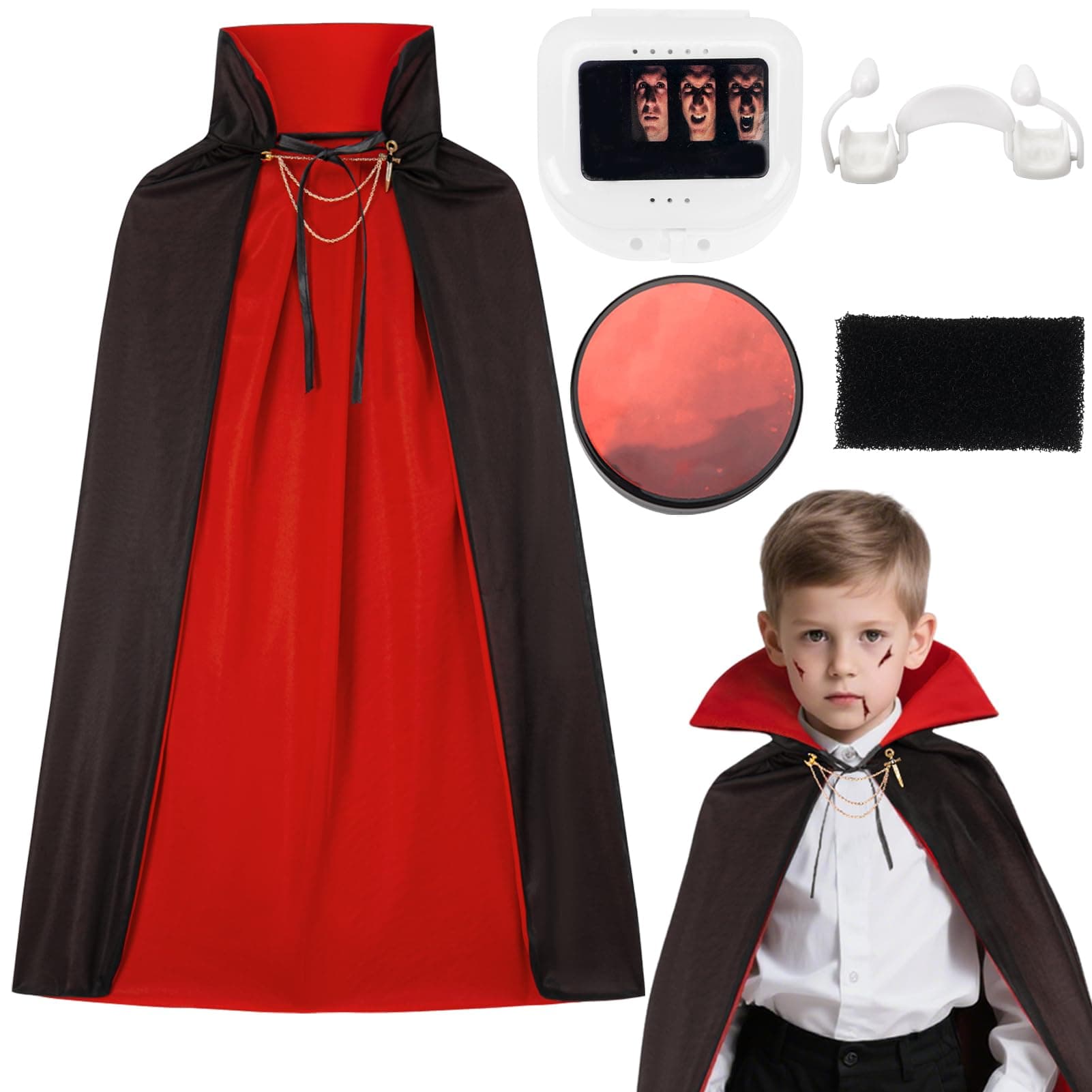 Superum Halloween Vampir Kostüm,90/120cm/150cm Royal Vampirkostüm mit Kunstblut & Vampirzähne & Makeup Schwamm,Schwarz Rot Doppelseitig Dracula Kostüm Vampir Umhang Kinder Erwachsene Karneval Cosplay M-120cm Angebot bei HelloDeals