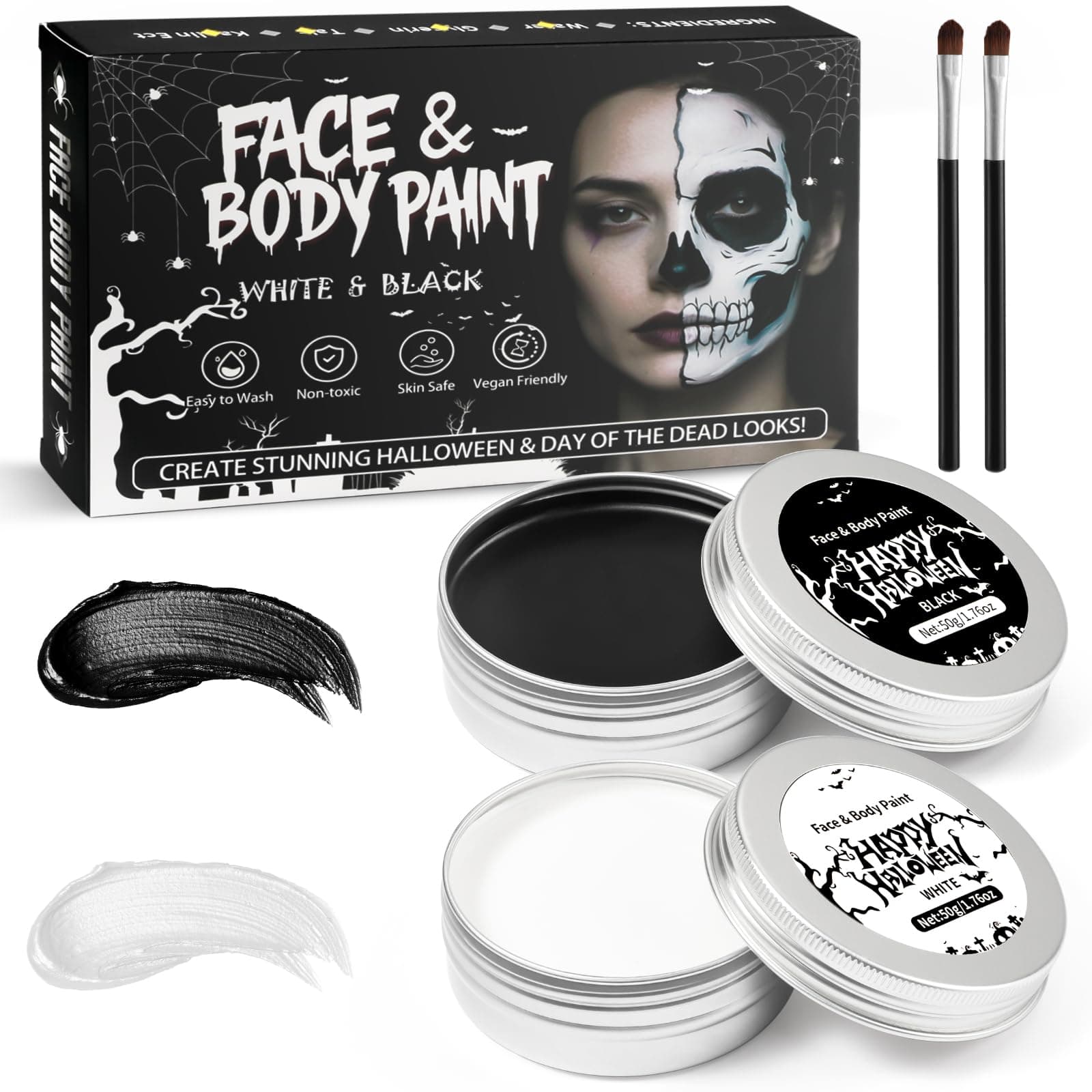 Halloween Schminke Set, Schwarz & Weiß Theaterschminke mit 50g und 2 Pinseln, Halloween Make Up für Gesicht Kinder & Erwachsene, Skelett, Vampir, Clown, Fasching Schminke