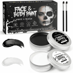 Halloween Schminke Set, Schwarz & Weiß Theaterschminke mit 50g und 2 Pinseln, Halloween Make Up für Gesicht Kinder & Erwachsene, Skelett, Vampir, Clown, Fasching Schminke Angebot bei HelloDeals