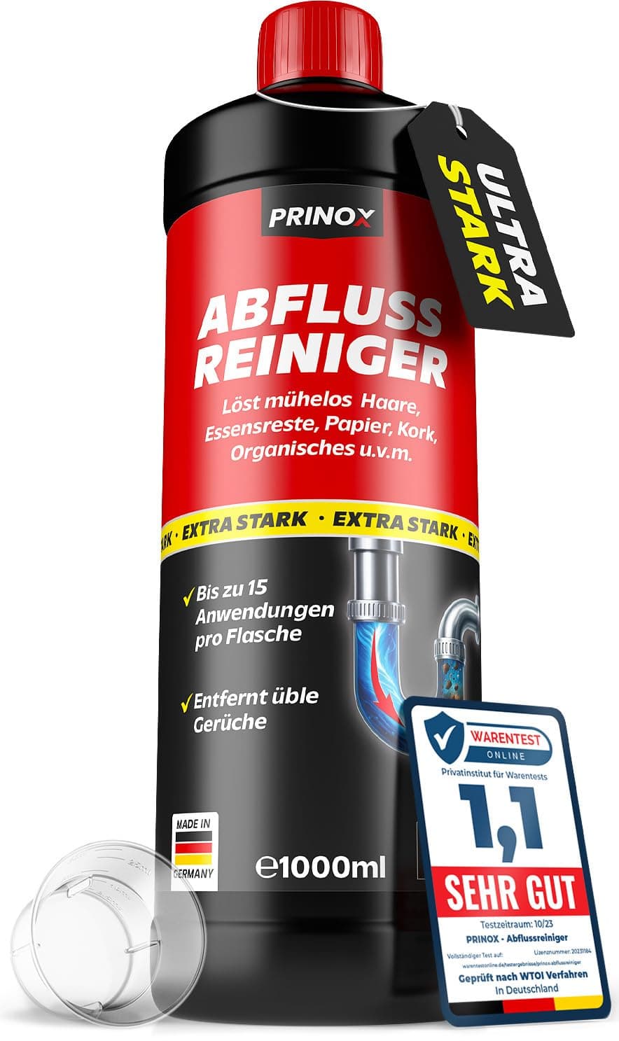 PRINOX Abflussreiniger 1000ml EXTRA STARK - Profi Rohrreiniger löst Haare, Essensreste & schwerste Verstopfungen - Rohrfrei gegen hartnäckige Verstopfungen & üble Gerüche - Biologisch abbaubar 1er (1 x 1L)