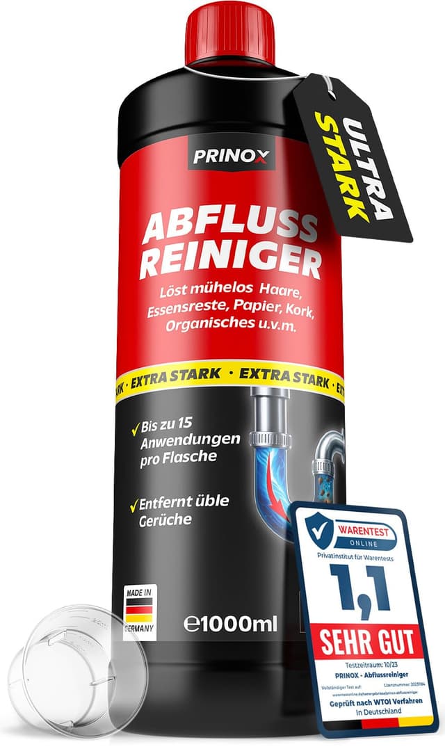 PRINOX Abflussreiniger 1000ml EXTRA STARK - Profi Rohrreiniger löst Haare, Essensreste & schwerste Verstopfungen - Rohrfrei gegen hartnäckige Verstopfungen & üble Gerüche - Biologisch abbaubar 1er (1 x 1L)