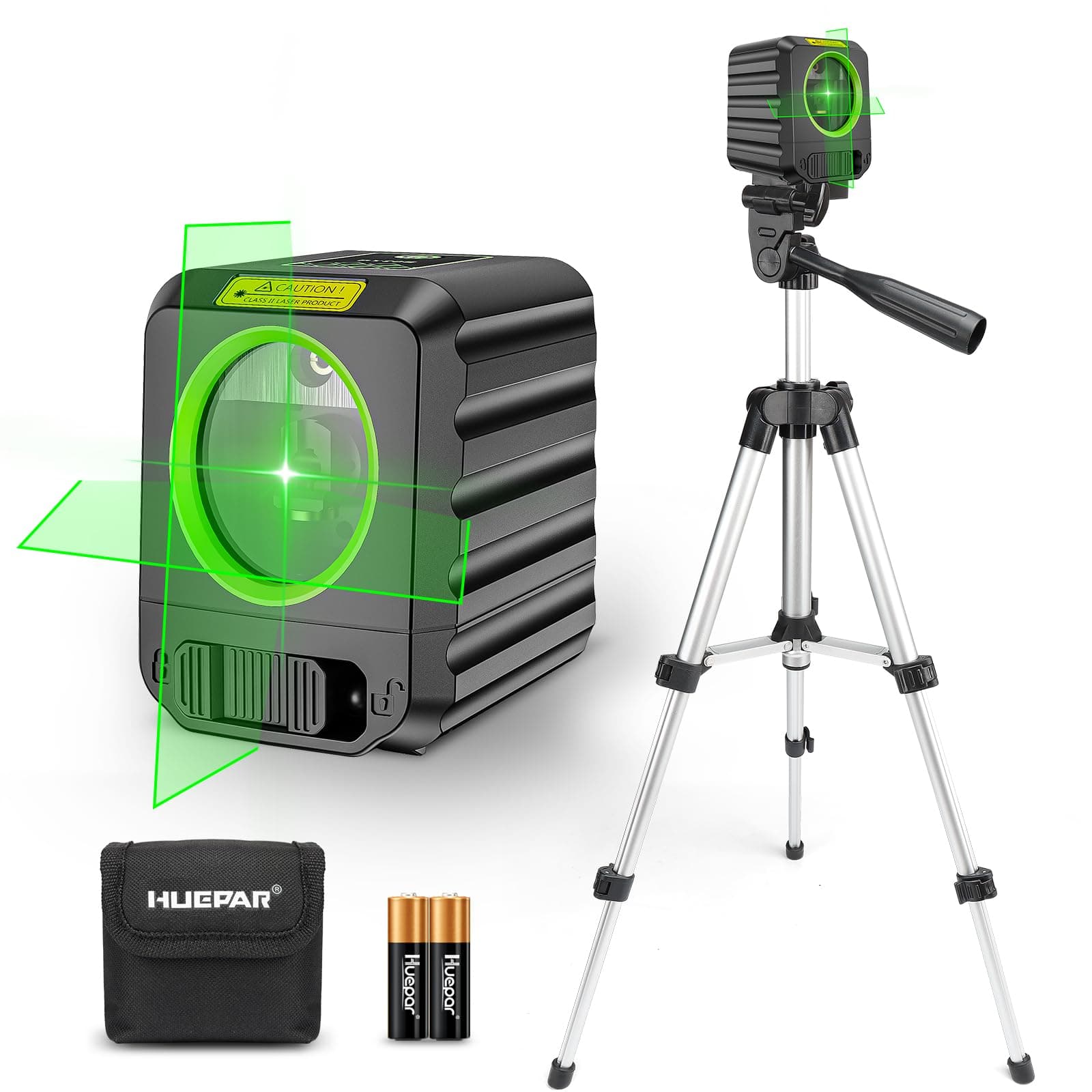 DIY Kreuzlinienlaser mit Stativ, Huepar 30M selbstnivellierendes Laserwasserwaagenwerkzeug, grüner Kreuzlinienlaser zum Aufhängen von Bildern, Fliesen, Bauprojekten, Batterie und Tragetasche inklusive B011G (H110° / V110°)mit Stativ