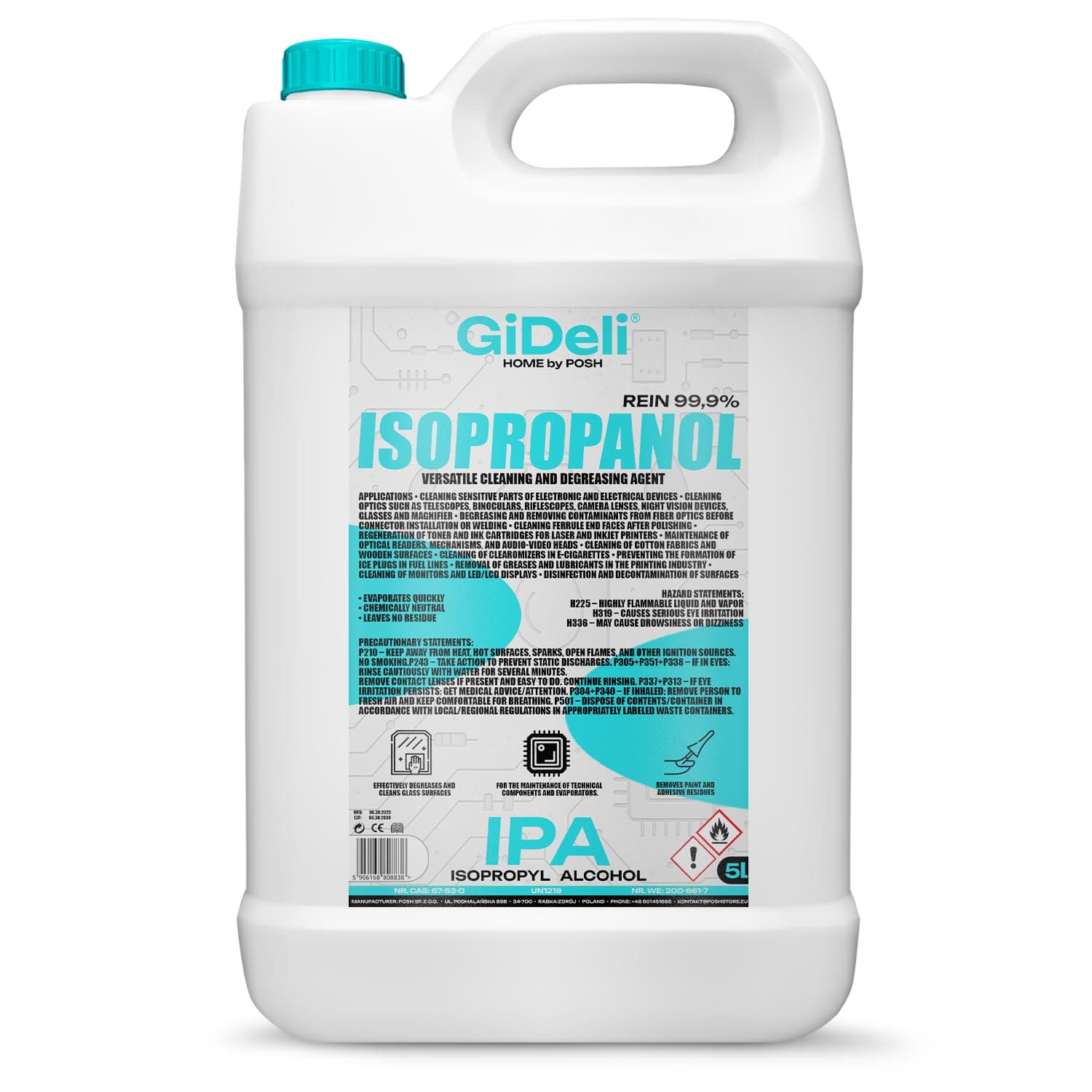 GiDeli Isopropanol 99,9% 5l - Isopropylalkohol Reiniger Hochprozentiger - Reinigungsalkohol für Elektronik, 3d Drucker zubehör, Glass, Bildschirmen und Linsen