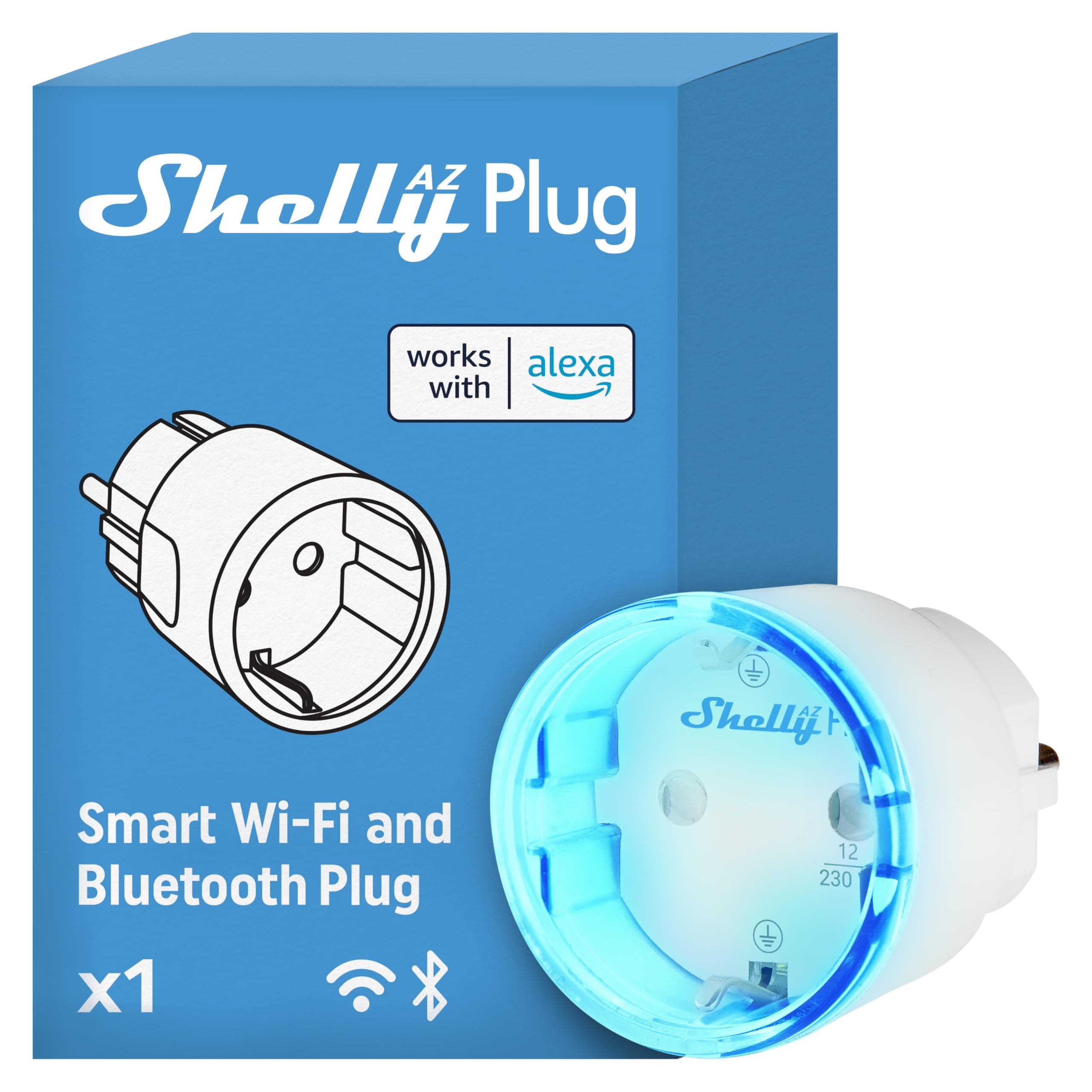 Shelly AZ Plug Weiß, WLAN-betriebenere Smarte-Steckdose, Leistungsmessung, 12 A, 2500 W, Frustration-Free Setup, Kompatibel mit Alexa, kein Hub Erforderlich, Geräteüberwachung, Fernsteuerung