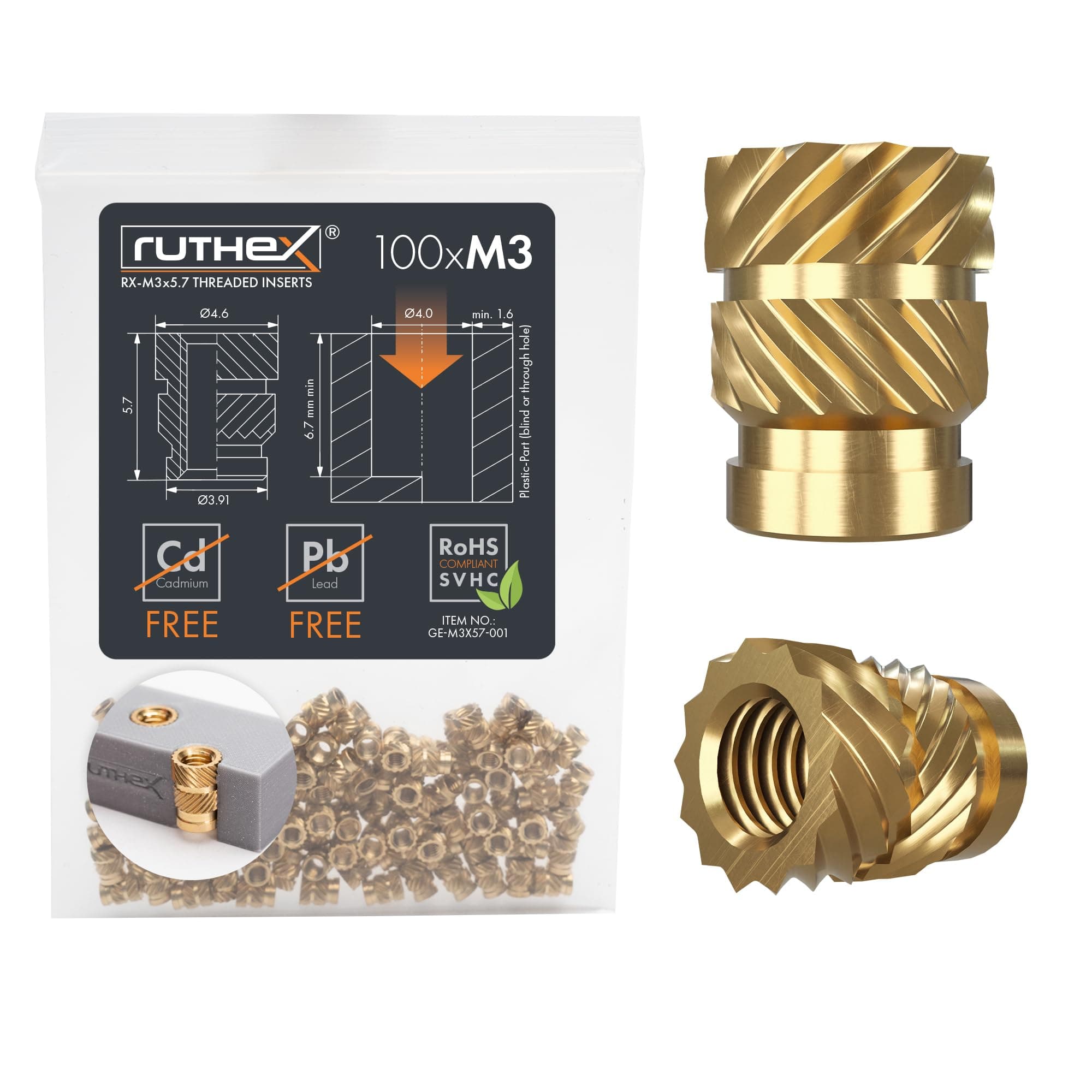 ruthex Gewindeeinsatz M3 – 100 Stk. RX-M3x5.7 BLEIFREIE Gewindebuchse aus Messing – stabile Einschmelzgewinde/Einpressmutter – Einschmelzen von Gewindehülse in 3D-Druck-Teile aus Kunststoff M3x5,7 (100pcs) Metrisches Iso-gewinde Angebot bei HelloDeals