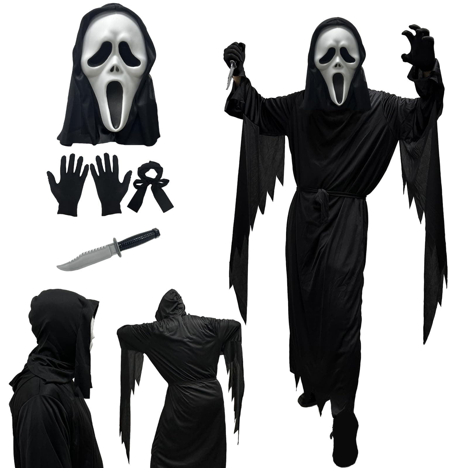 halloween scream costume,screaming ghost costume,Erwachsene und Kinderschwarz scream kostüm,geist scream mask,Halloween Party Ganzkörperkostüm mit Scream Mask und Handschuhe und Messer Kind-XL