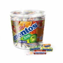 Mentos Mini Fruit Mix Bucket, Eimer mit 120 mini Rollen à 5 Frucht-Dragees, Kaubonbons in den Sorten Orange, Erdbeere, Apfel & Zitrone (120 mini Rollen), vegan