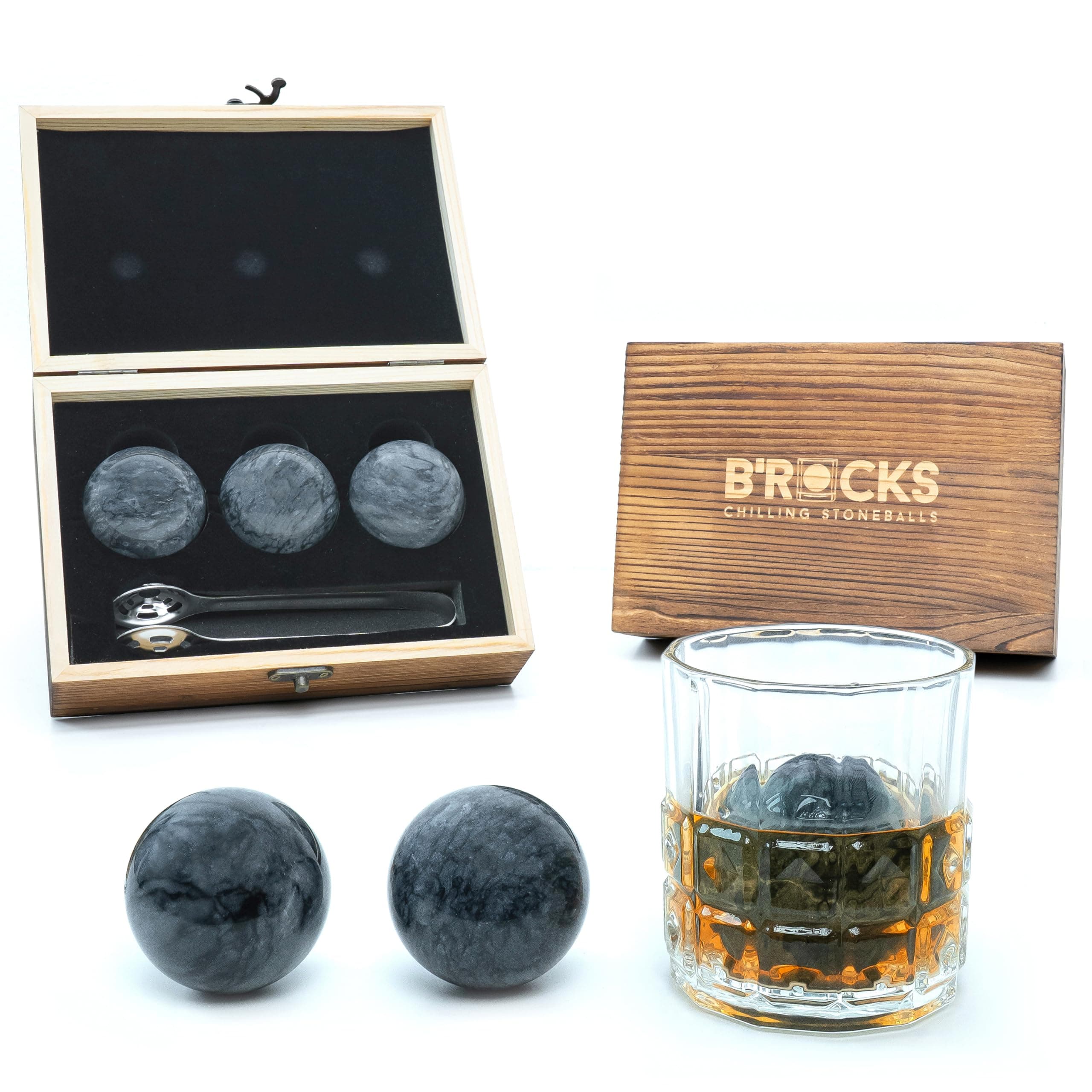 B'ROCKS Premium Kühlsteine | Whisky Steine Set | Geschenkset 3 Granit Steinkugeln 5cm Ø mit Zange | Elegante Holzkiste | Wiederverwendbar | Barzubehör | Whisky on The Rocks Angebot bei HelloDeals