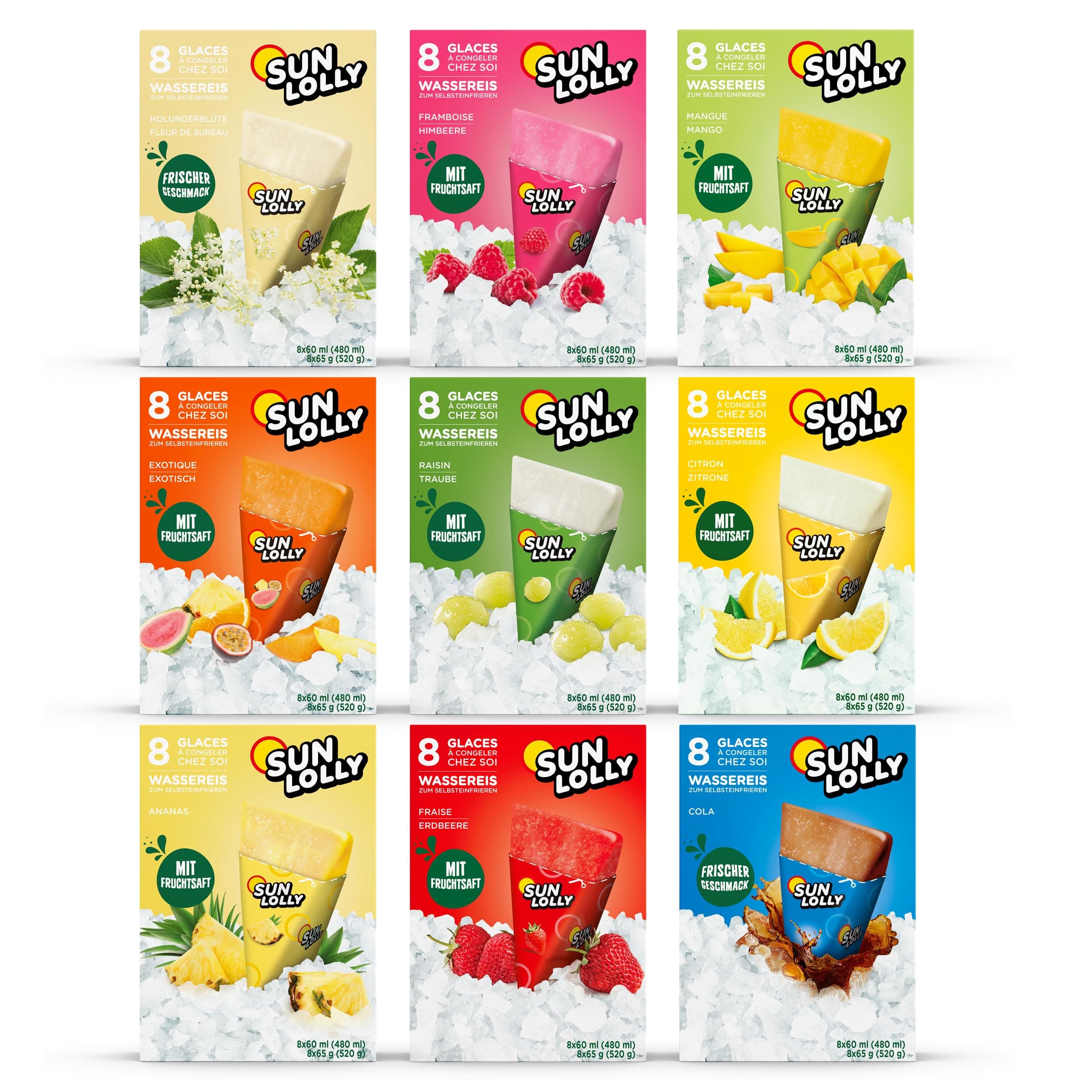 Sun Lolly Wassereis XL 9er Pack | Erdbeere, Himbeere, Cola, Holunderblüte, Exotisch, Weintraube, Zitrone, Mango, Ananas | Zum Selbsteinfrieren | 9 x 8 x 60ml Angebot bei HelloDeals