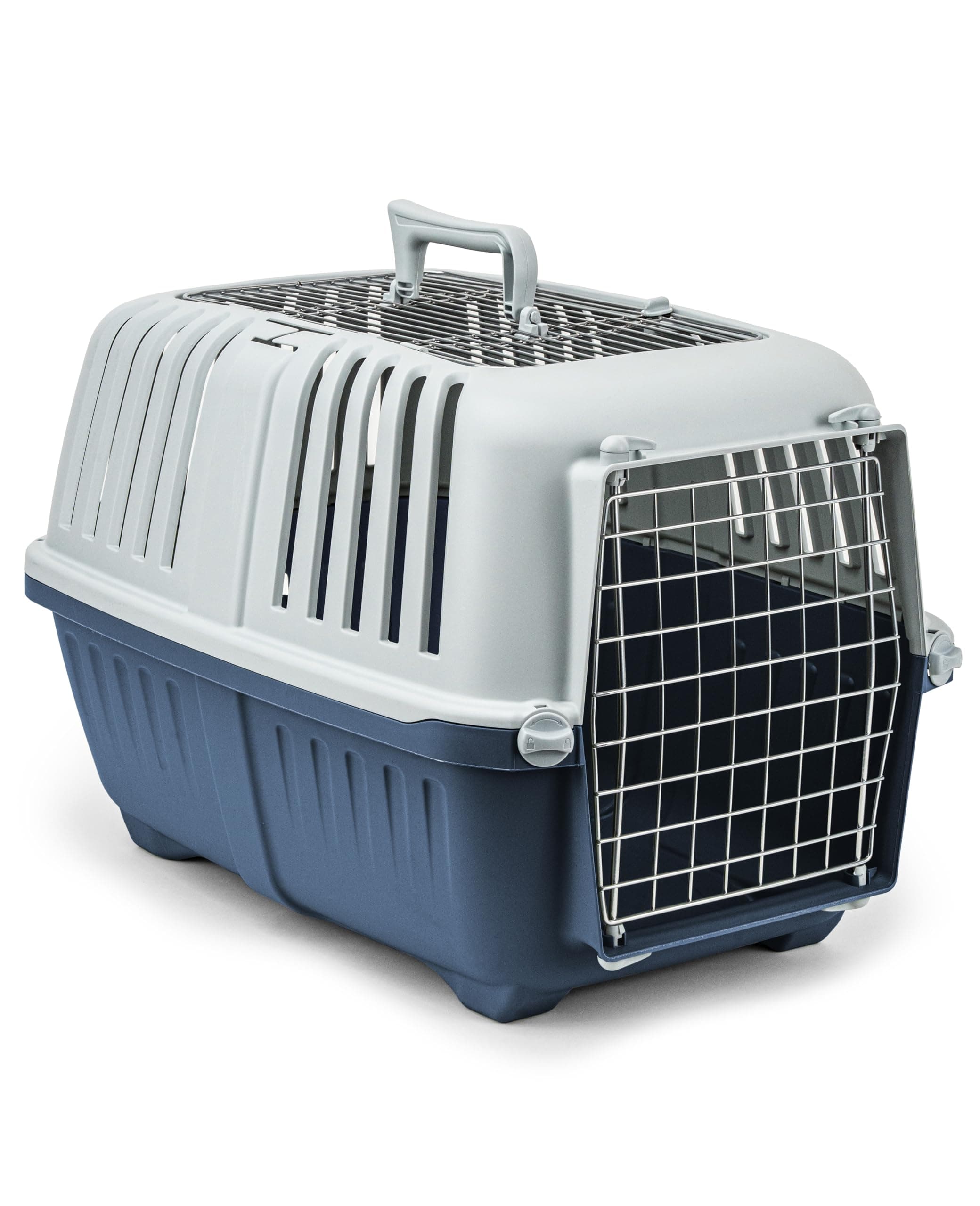 lionto Hundetransportbox aus Kunststoff mit Metallgitter, 58,5x35,5x40 cm, Transportbox mit praktischem Schließsystem & Tragegriff, auch geeignet für Katzen & Kleintiere, für Haustiere bis 15kg, blau Dunkelblau Angebot bei HelloDeals
