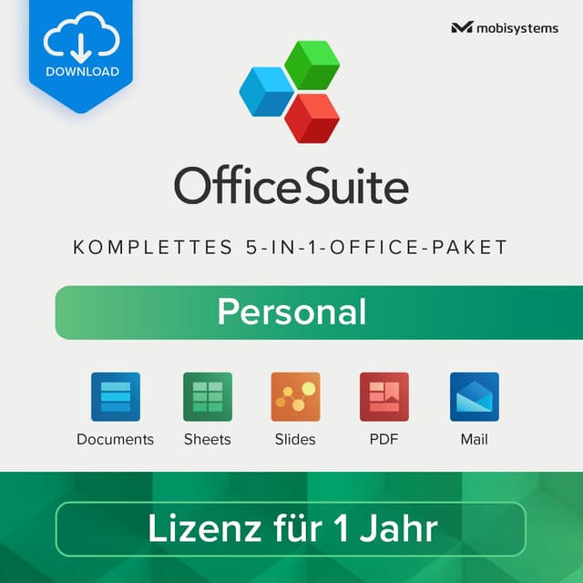 OfficeSuite Personal | 5-in-1-Office-Paket | Dokumente, Tabellen, Präsentationen, PDF, E-Mail & Kalender | Lizenz für 1 Jahr | 1 Windows-PC & 2 Mobilgeräte [Online-Code] Aktivierungscode per Email Personal