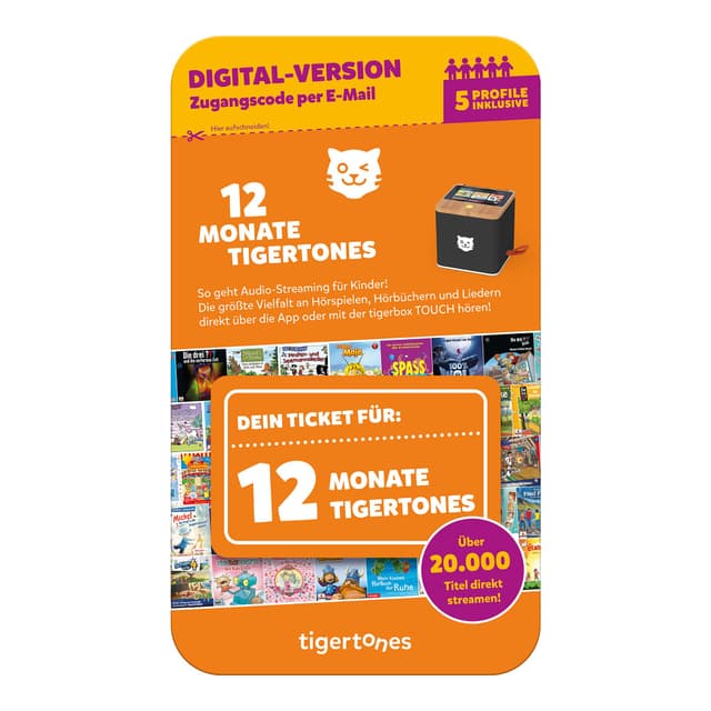 tigermedia tigertones-Ticket (DIGITAL) sofort vergübar 12 Monate Audio-Streaming 20.000 Hörspiele Hörbücher Kindermusik tigerbox 5 Profile | Aktivierungscode per Email Aktivierungscode per Mail 12 Monate