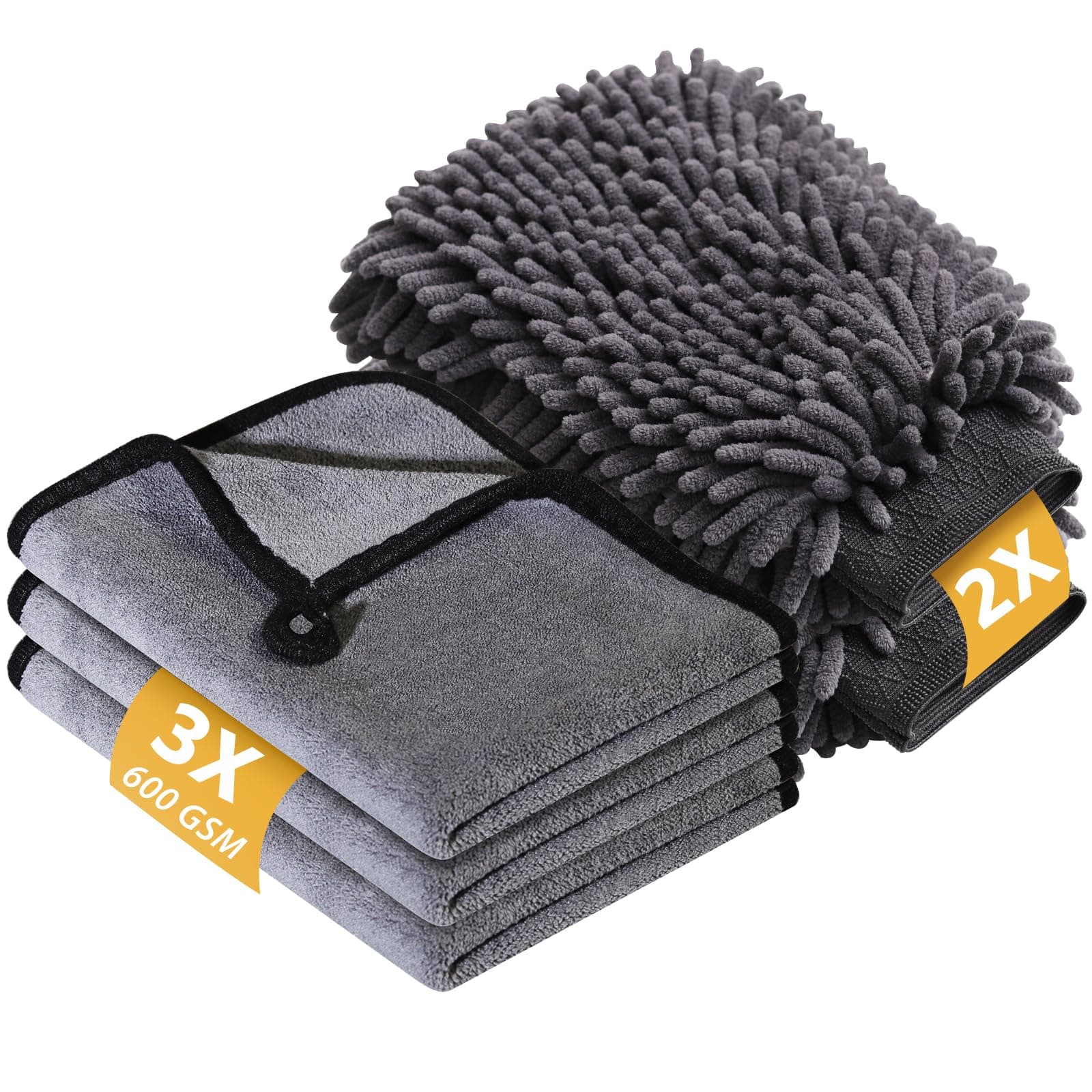 KEYAYE Autopflege Set mit 3 Stück Mikrofasertücher Auto & 2er Mikrofaser Waschhandschuh, 600 GSM Auto Trockentuch zum Kratzfreien Trocknen & Polieren, Extra Saugstark und Schonend Weich, 40x30cm Angebot bei HelloDeals