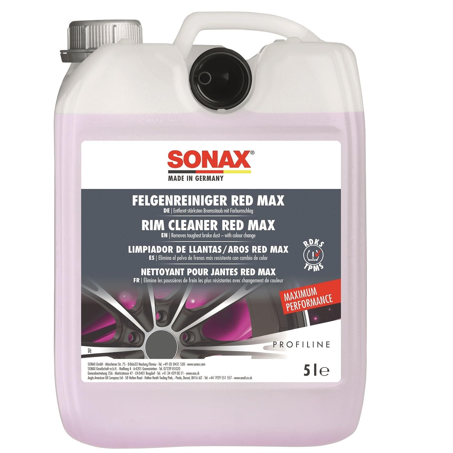 SONAX PROFILINE FelgenReiniger Red Max (5 Liter) entfernt stärksten Bremsstaub mit Farbumschlag | Art-Nr. 02315050 5 Liter Single