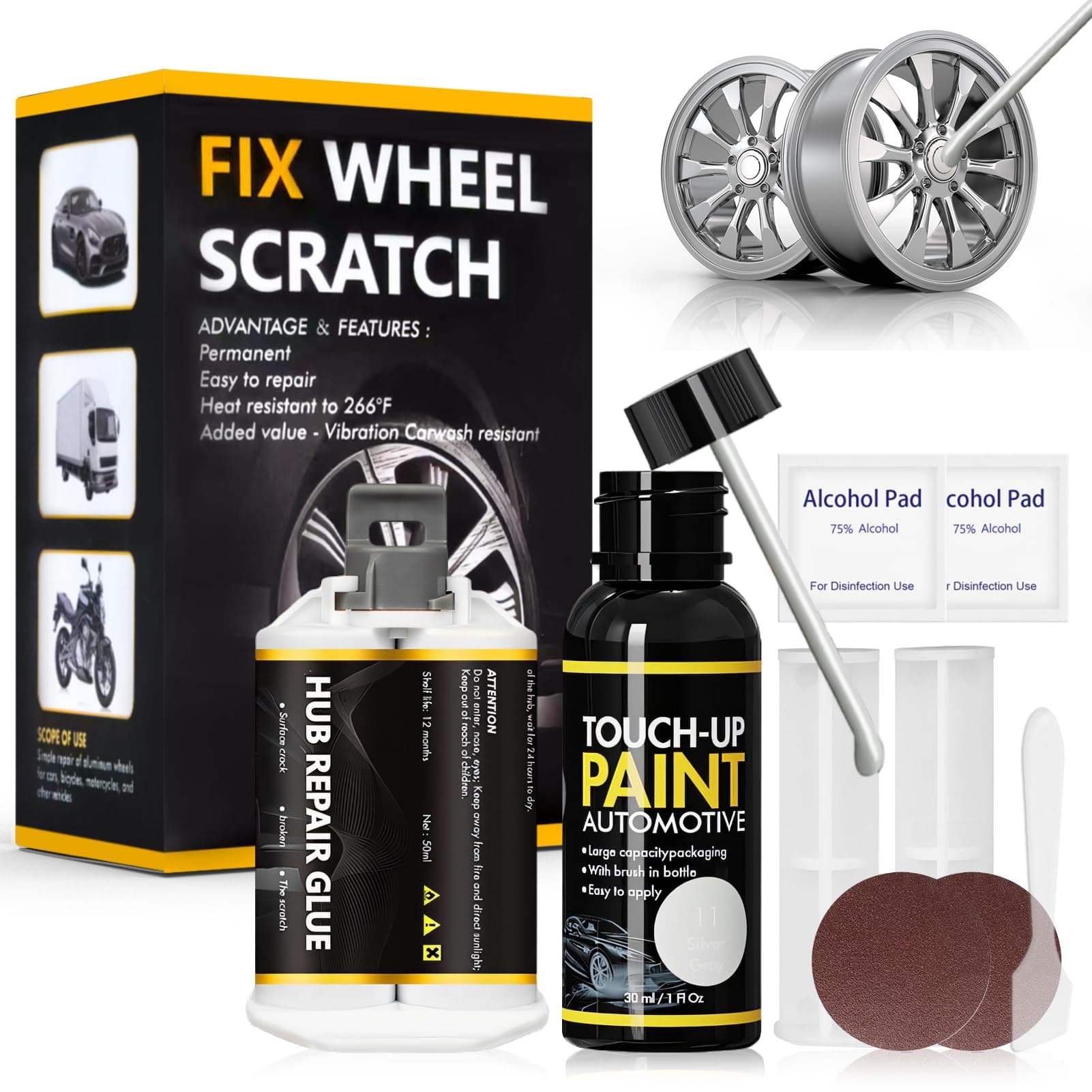 Alufelgen Reparatur Set, Felgen Reparaturset Silber, Felgen Reparaturset, Alufelgen Lack, Geeignet zum Reparieren von Kratzern, Oxidation, Korrosion, Dellen usw, an Rädern, Silber