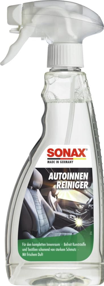 SONAX Autoinnenreiniger & Geruchsneutralisierer (500 ml) für Stoff, Polster, Cockpit, Kunststoff, Fahrzeughimmel & Innenverkleidungen – für hygienische Sauberkeit im Auto | Art-Nr. 03212000