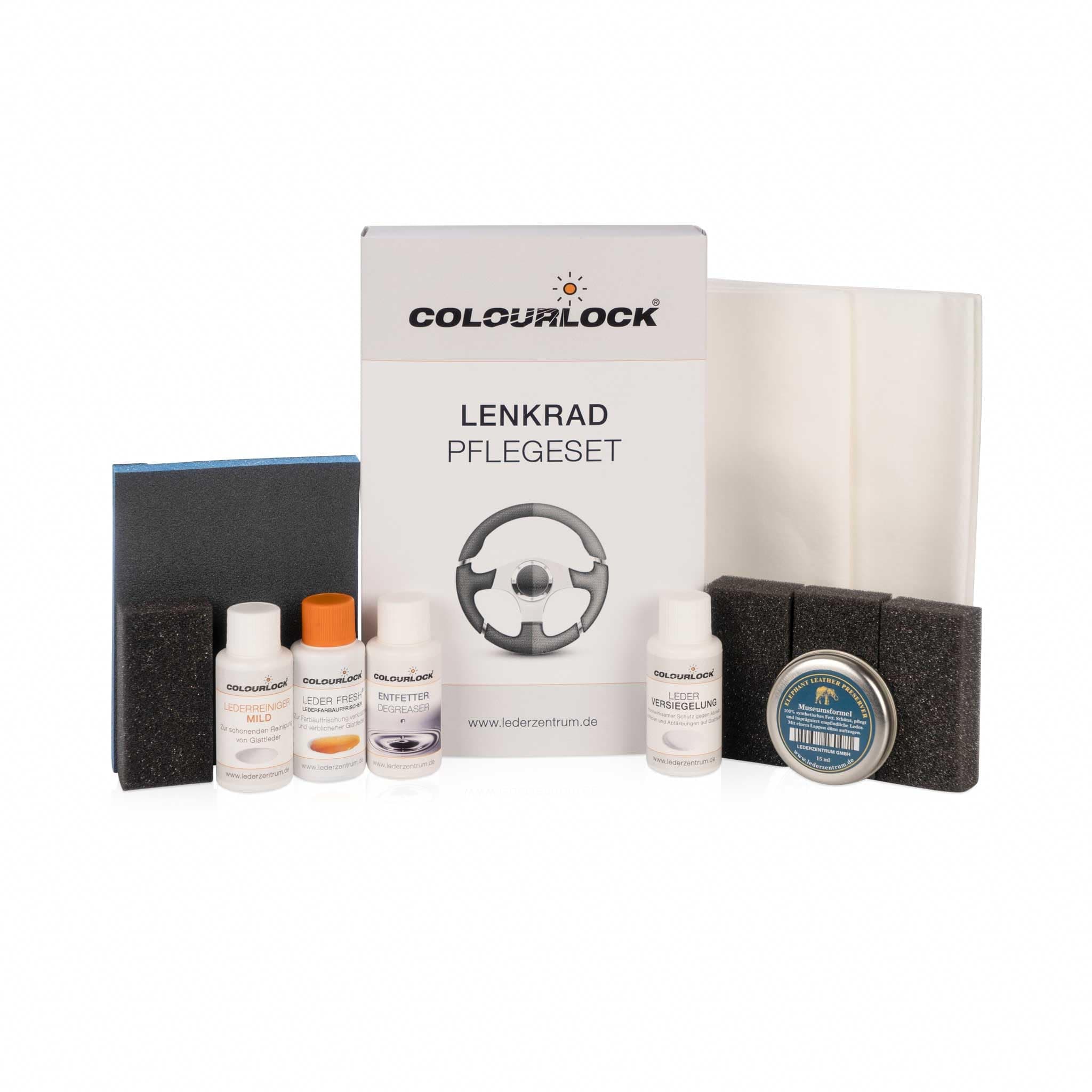 COLOURLOCK Lederreparatur Set - Ideal zur Pflege und Aufbereitung schwarzer Lenkräder - Inklusive Lederreiniger, Entfetter, Farbauffrischer und mehr Set mit Entfetter
