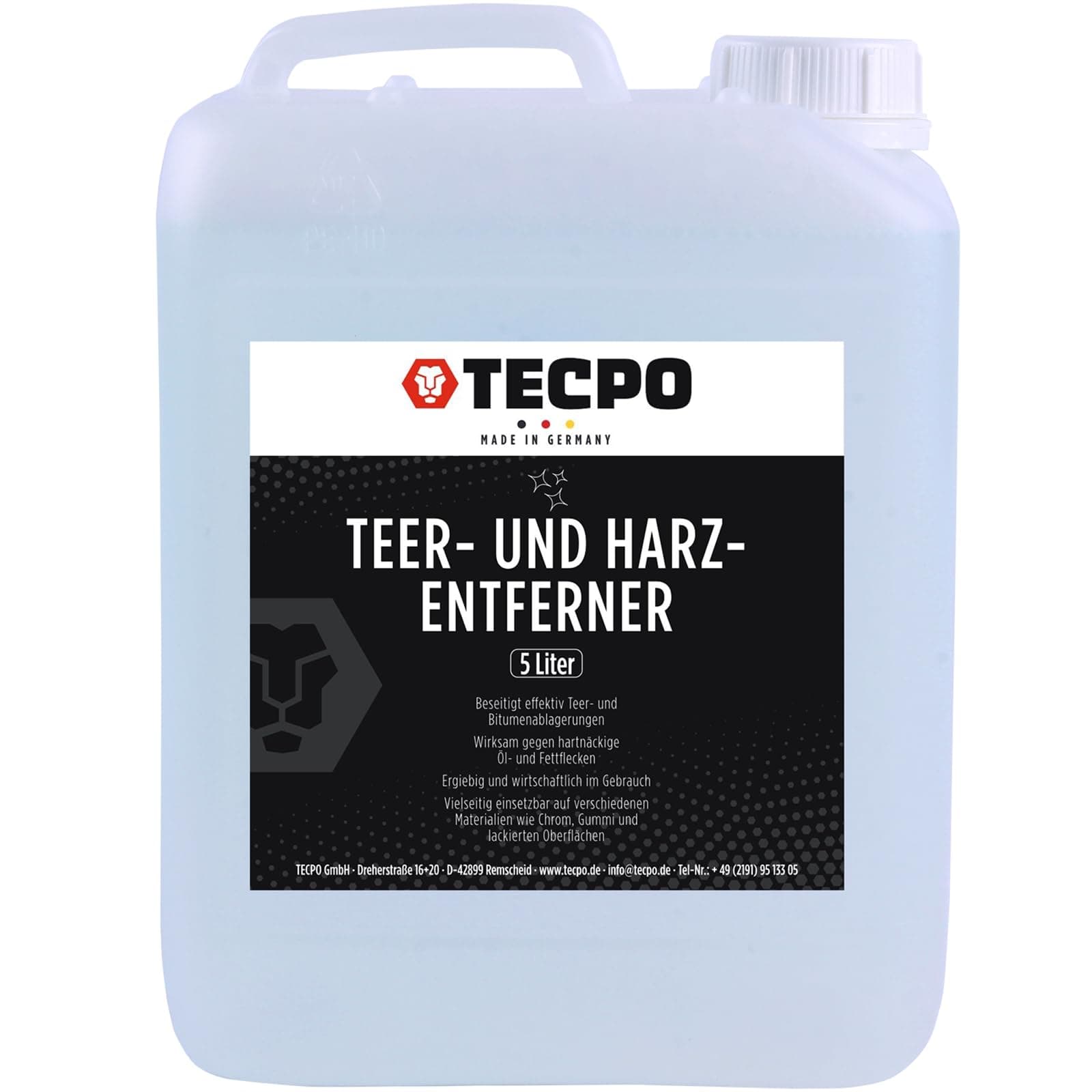 TECPO Teer- und Harzlöser, 5 Liter Klebstoff Teerentferner Bitumen-Löser Fettlöser Harz Kleber