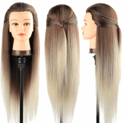 Trainingsköpfe 100% von dem Hochtemperaturfaser Haar Hairdressing Cosmetology Mannequin Frisierkopf Übungskopf mit Halterung+ DIY Haare Frisuren Set Brown Angebot bei HelloDeals