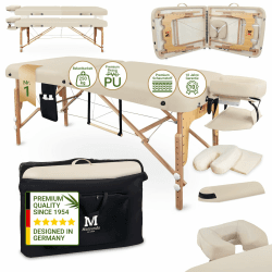 MASSUNDA – Mobile Comfort Deluxe Massageliege klappbar & höhenverstellbar – EXTRA breiter Massagetisch aus Vollholz – Massagebank mit ergonomischer Kopfstütze, Bezug, Armlehne, Kissen (Creme) Angebot bei HelloDeals