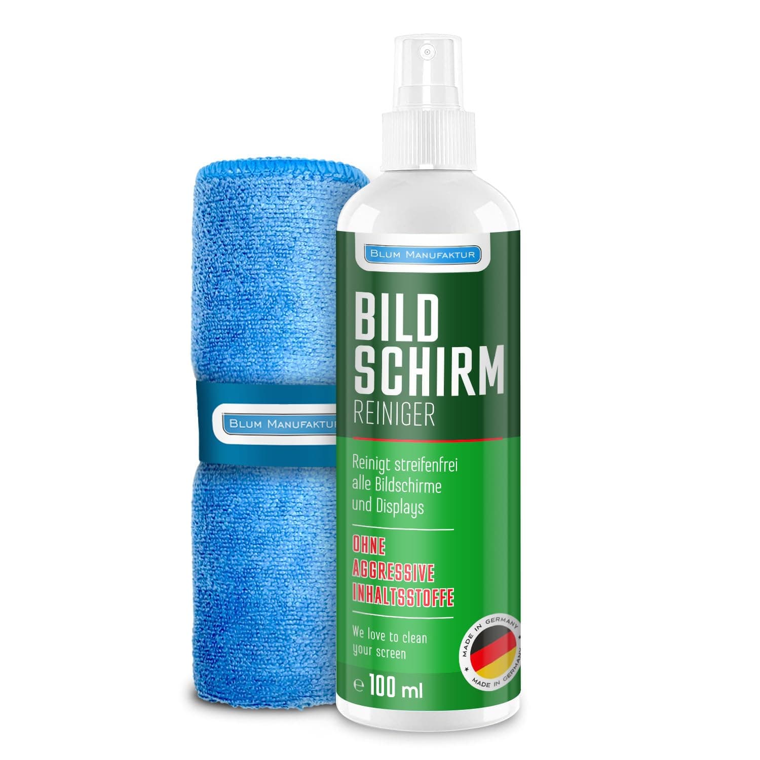 BLUM MANUFAKTUR 1x 100ml Bildschirmreiniger + 30x30 cm Mikrofasertuch Supersoft 365GSM - Screen Cleaner - Display Reiniger - Absolut streifenfreie Reinigung von Handy, Laptop, PC, TV 100 ml Angebot bei HelloDeals