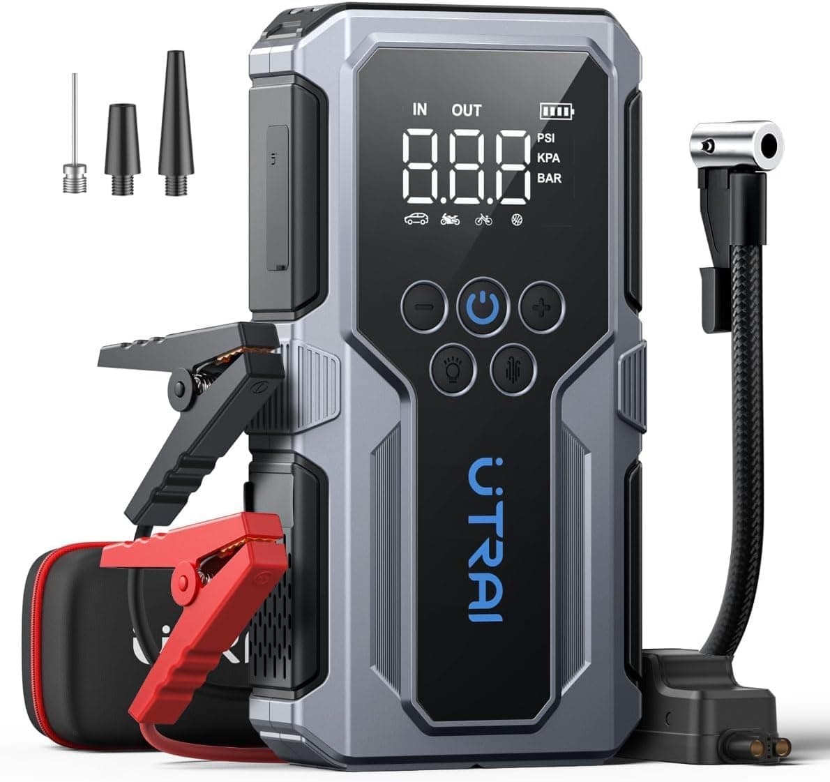 UTRAI Starthilfe Powerbank für Pkw mit Kompressor, 4500A Booster Auto Starthilfe Powerbank bis zu 8,5L Benzin,6.5L Diesel, Starter Powerbank mit LED Taschenlampe, 18W Schnelles Angebot bei HelloDeals