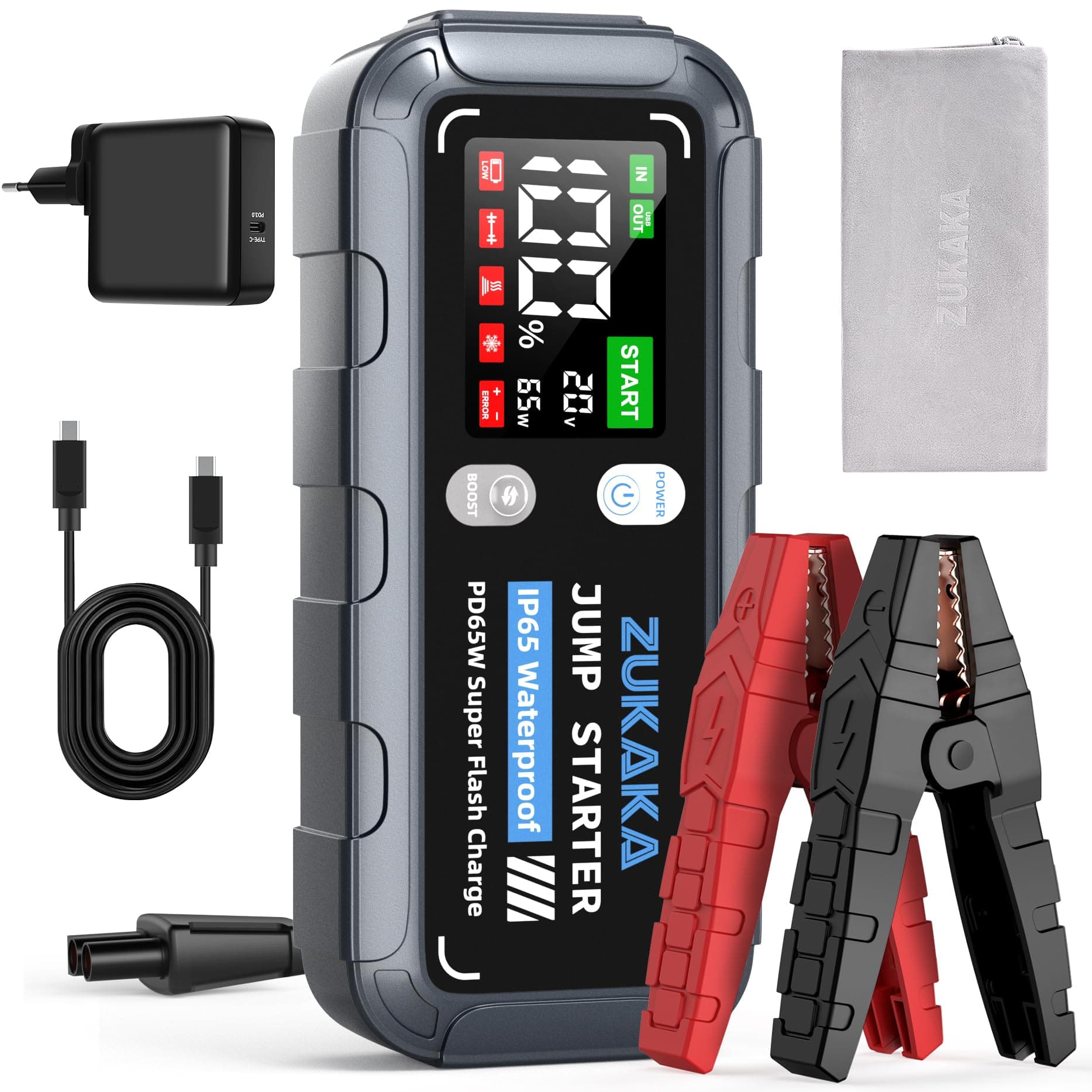 Starthilfe Powerbank 6000A Spitzenstrom 26800mAh Auto Starthilfe mit LCD-Display(Für alle Benzinmotor oder 10,0L Dieselmotoren), Portable Starthilfegerät mit LED Taschenlampe Gray, Red Clip Angebot bei HelloDeals