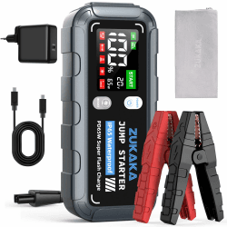 Starthilfe Powerbank 6000A Spitzenstrom 26800mAh Auto Starthilfe mit LCD-Display(Für alle Benzinmotor oder 10,0L Dieselmotoren), Portable Starthilfegerät mit LED Taschenlampe Gray, Red Clip