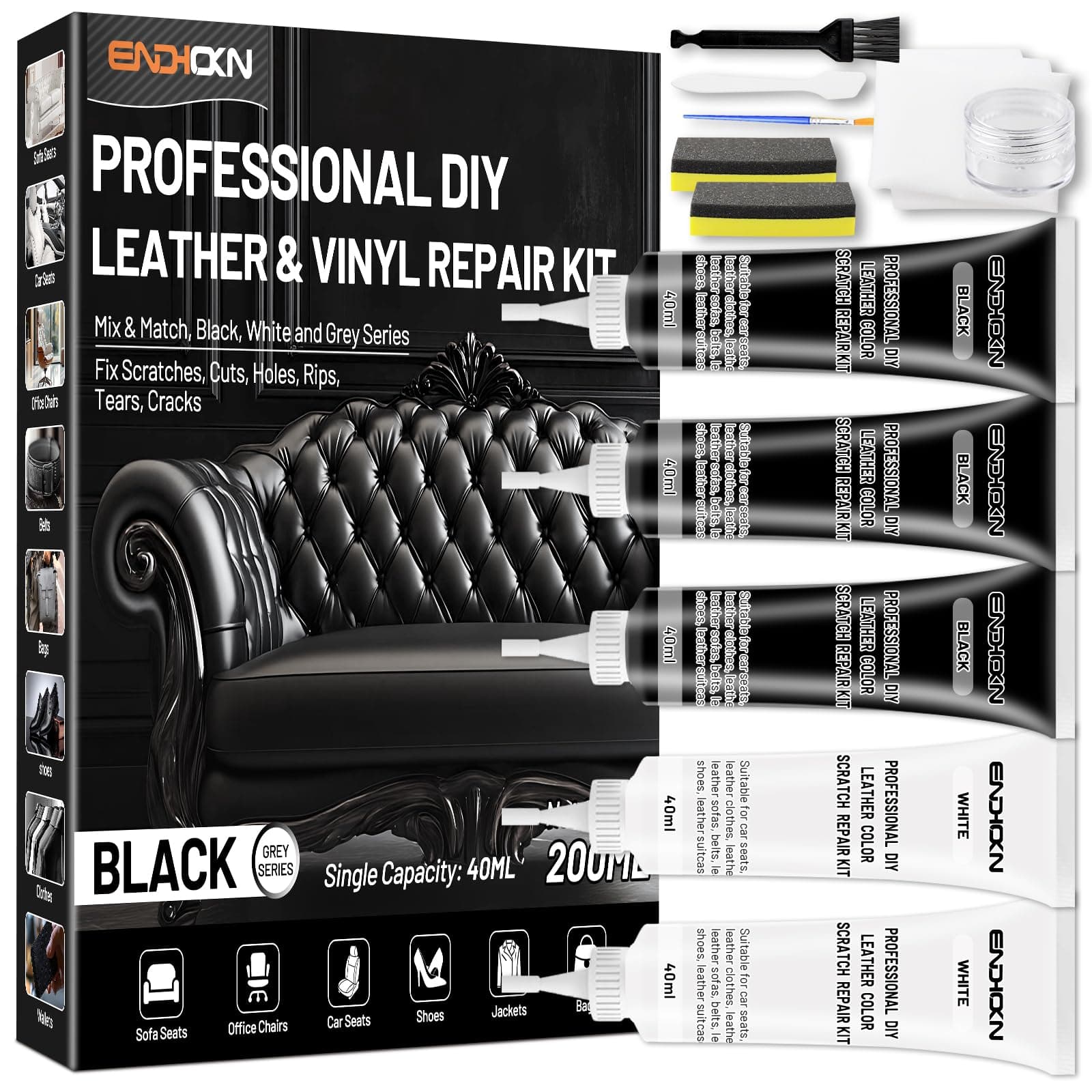 Endhokn Leder Reparatur Set, 3 Schwarz 2 Weiß Kunstleder Reparaturset Schwarz Fix Kratzer Schnitte Risse Löcher Flüssigleder für Autositze, Sofa, Jacke, Taschen, Geldbeutel, Gürtel, Möbel Graue Serie