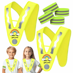 Ycaaeo 2 Stück Reflektoren Warnweste Kinder und 4 Reflektorband,V-Form Kinderwarnweste mit Cartoon Deutsch Regenbogen Muster,Leichte Leuchtweste Sicherheitsweste für Jungen Mädchen Nächtliche Outdoor