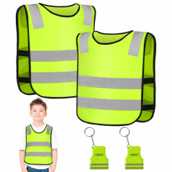 URAQT Warnweste Kinder, 2 Stück Sicherheitsweste Gelbe Warnwesten für Kinder, mit 2 Reflektierender Anhänger, für Schule Den Schulweg, Radfahren, Straßenverkehr Angebot bei HelloDeals