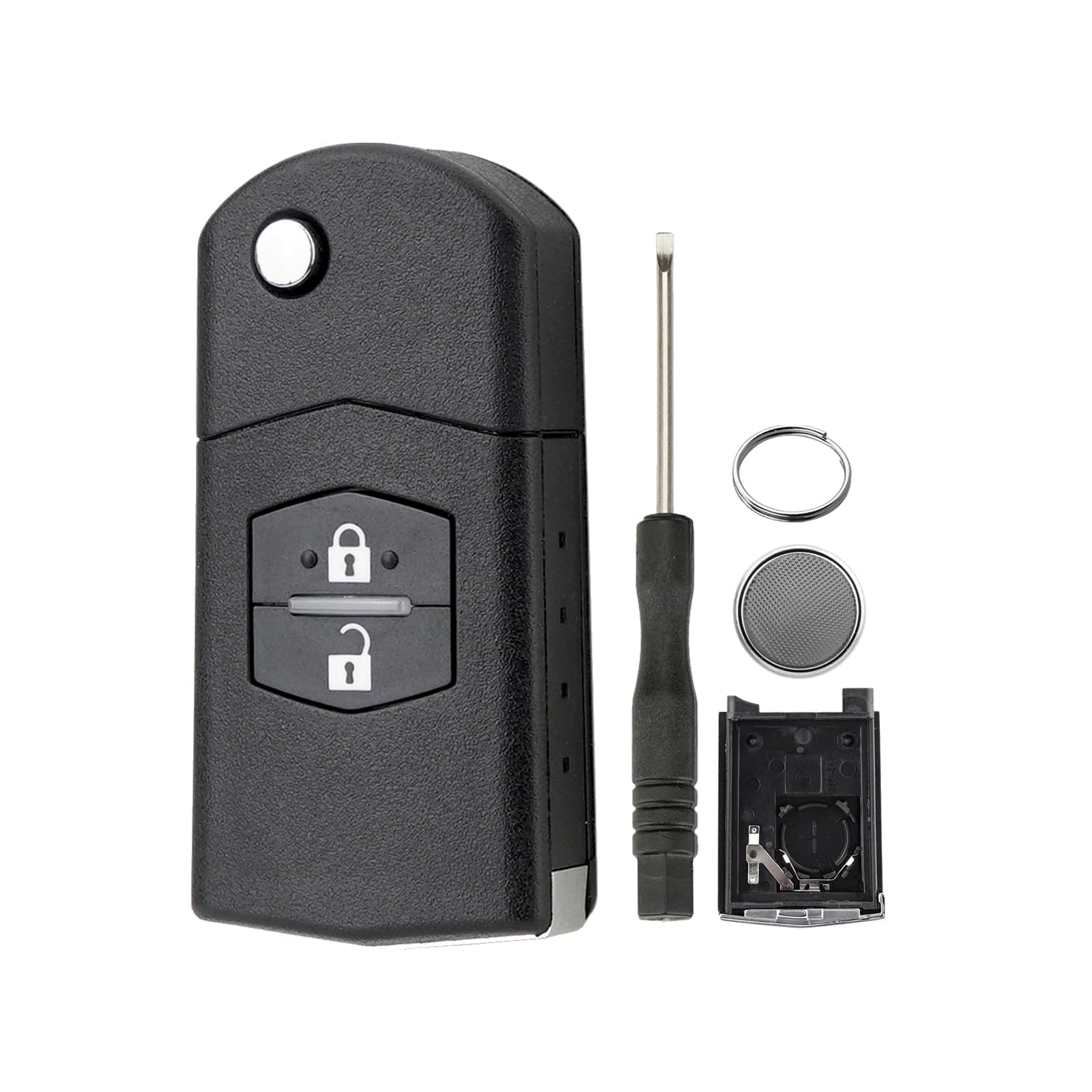 Autoschlüsselgehäuse für Mazda Schlüssel Klappschlüssel Etui Mazda 5 CW 2 DE 3 BK 6 SW BT-50 CX-9 CX-7 A mit Schraubendreher und Schlüsselring und CR1616 Batterien 2 Tasten mit Batterie Angebot bei HelloDeals