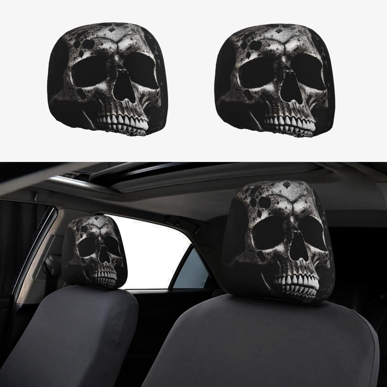 ULKMFFCF Universal-Autositz-Kopfstützenbezüge mit schwarzem Totenkopf-Muster, für Auto-Innendekoration, 2 Stück Einheitsgröße Schwarzer Totenkopf Angebot bei HelloDeals