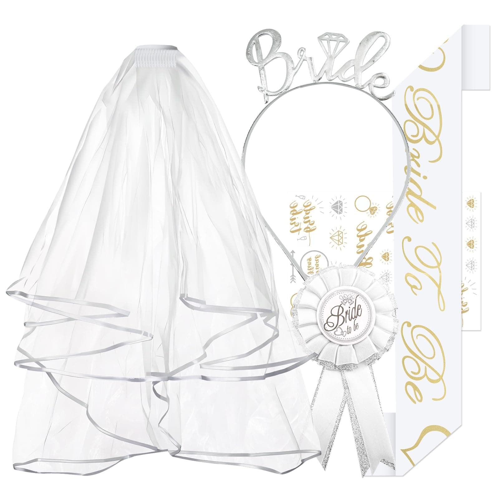 5 Stück JGA Accessoires Frauen, JGA Deko für Junggesellenabschied Frauen - Bride to Be Schärpe, Schleier JGA, Braut Haarreif, Brustabzeichen, Sticker für Brautparty und Hochzeitsfotografie