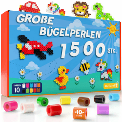 MUTKIND® 1500x Bügelperlen Groß 10mm [10 Tolle Farben] - Für Kinder ab 3 Jahren - Extra Leicht zu Greifen - XL Große Bügelperlen Maxi Steckperlen Set - Inkl. 50 kreativen Vorlagen zum Download 1500 Stück