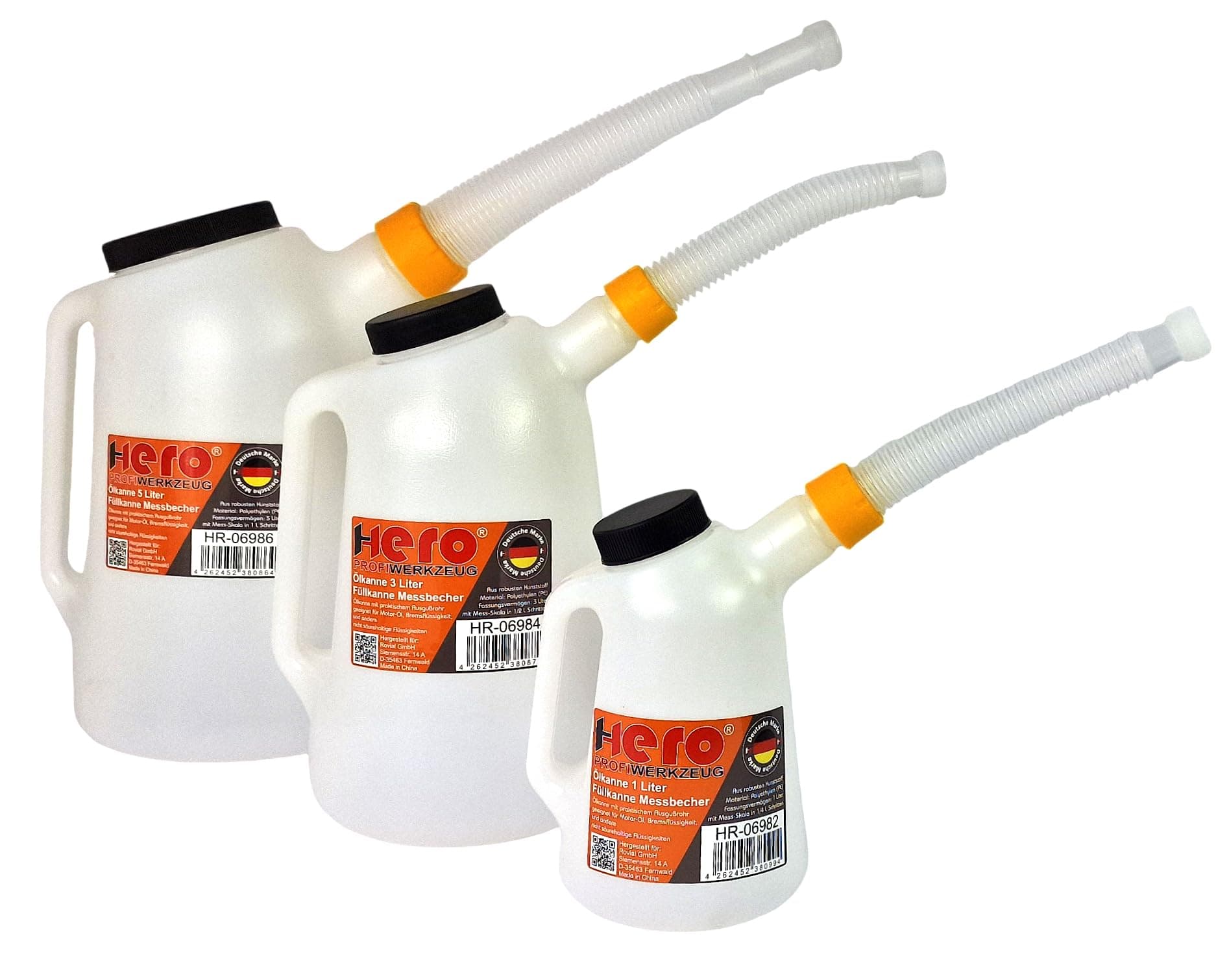 HERO Ölkannen Füllkanne Messkanne SET 1L + 3L + 5L Messbecher mit flexiblem Ausgussstutzen und Deckel Wasser Kanne Auto Ölwechsel Kfz Angebot bei HelloDeals