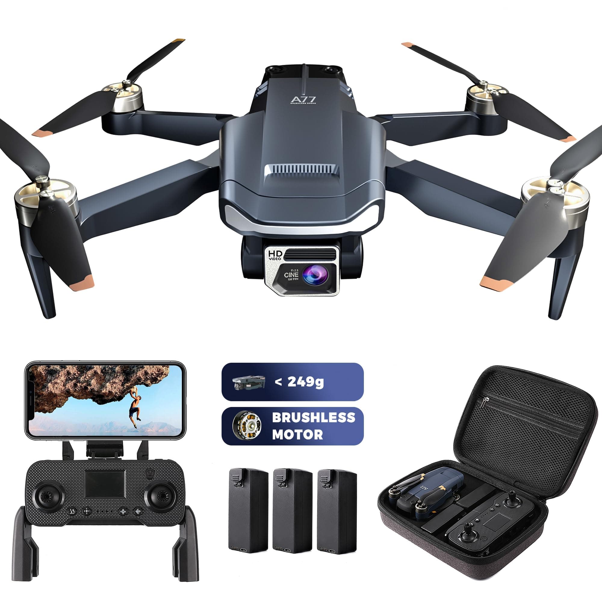 800 Meter Langstrecken-Überlebens-Bürstenloser Motor Drohne mit 84-minütiger Super-Langzeit-Flugzeit, 4K HD-Kamera-Drohne, CHUBORY A77 WiFi Quadrokopter, Autofolgen, Automatische Schwebung (3 Akkus) 1* Drone + Control Digitales Pixel-Matrixblau Angebot bei HelloDeals