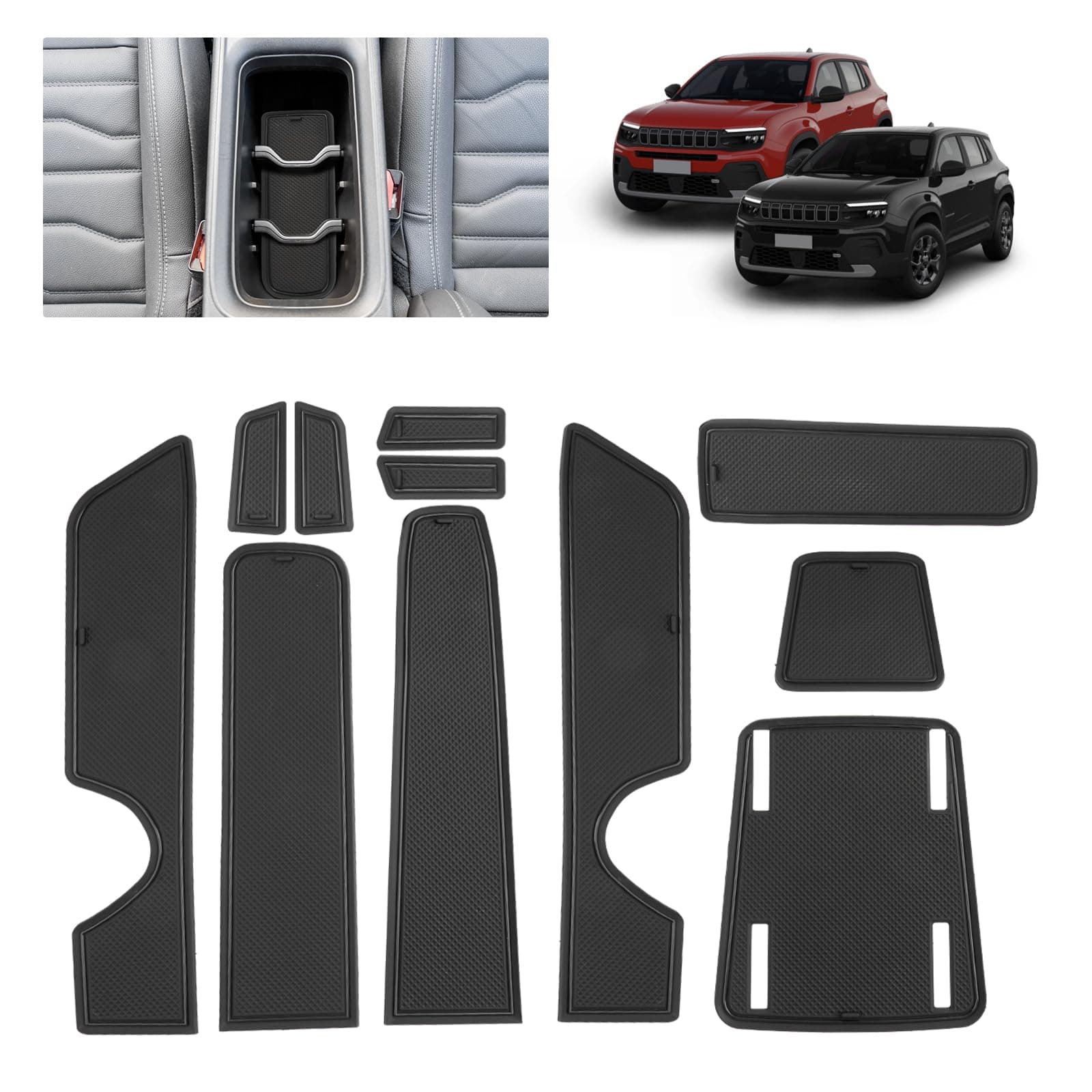 BSTW Auto Antirutschmatten für Jeep Avenger SUV (2023-2025) | Originalgetreue Gummi Matte für Mittelkonsole, Getränkehalter & Türmulden | Passend für Jeep Avenger EV, Hybrid, 4x4, 4XE (Schwarz)