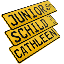 1 Stück Kennzeichen Junior-Schild 34cm x 9cm Bohrung Farbwahl Wunschtext Wunschprägung Muster Datum Namenskennzeichen Bohrung / Saugnäpfen Namensschild Bobbycar Kettcar FUN Schild in Gelb Angebot bei HelloDeals